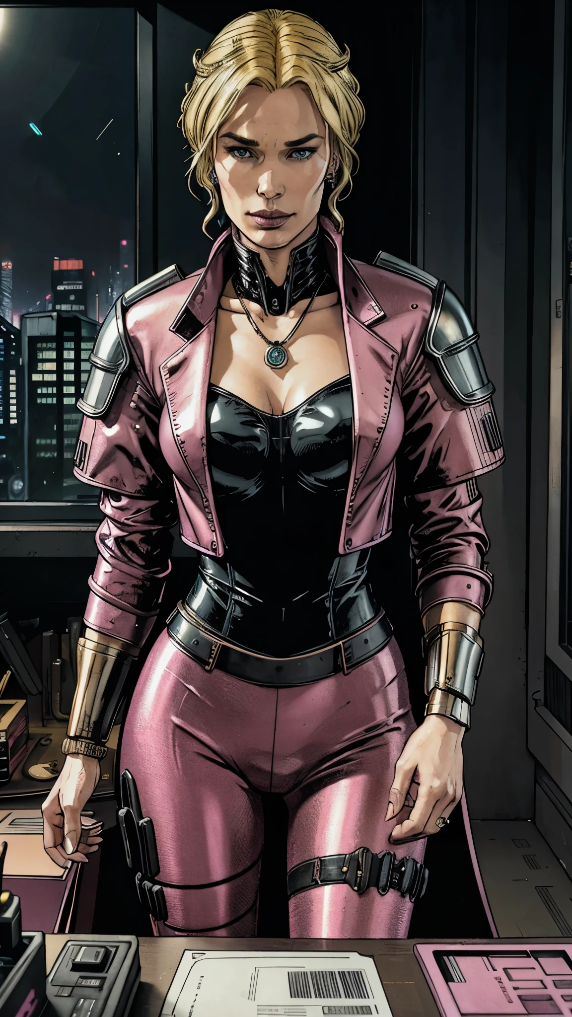 cyberpunk, Lena Headey as Cersei Lannister, cyberpunk blonde hair, make-up, cyberpunk pink office suit, cyberpunk pantyhose, earrings, rings, necklace, standing in the cyberpunk luxury office, boss, bossy, 1woman, solo, beautiful detailed glow, detailed, cinematic light, intricate detail, realistic, highres, detailed facial features, high detail, sharp focus, smooth, aesthetic, extremely detailed, stamp, octane render