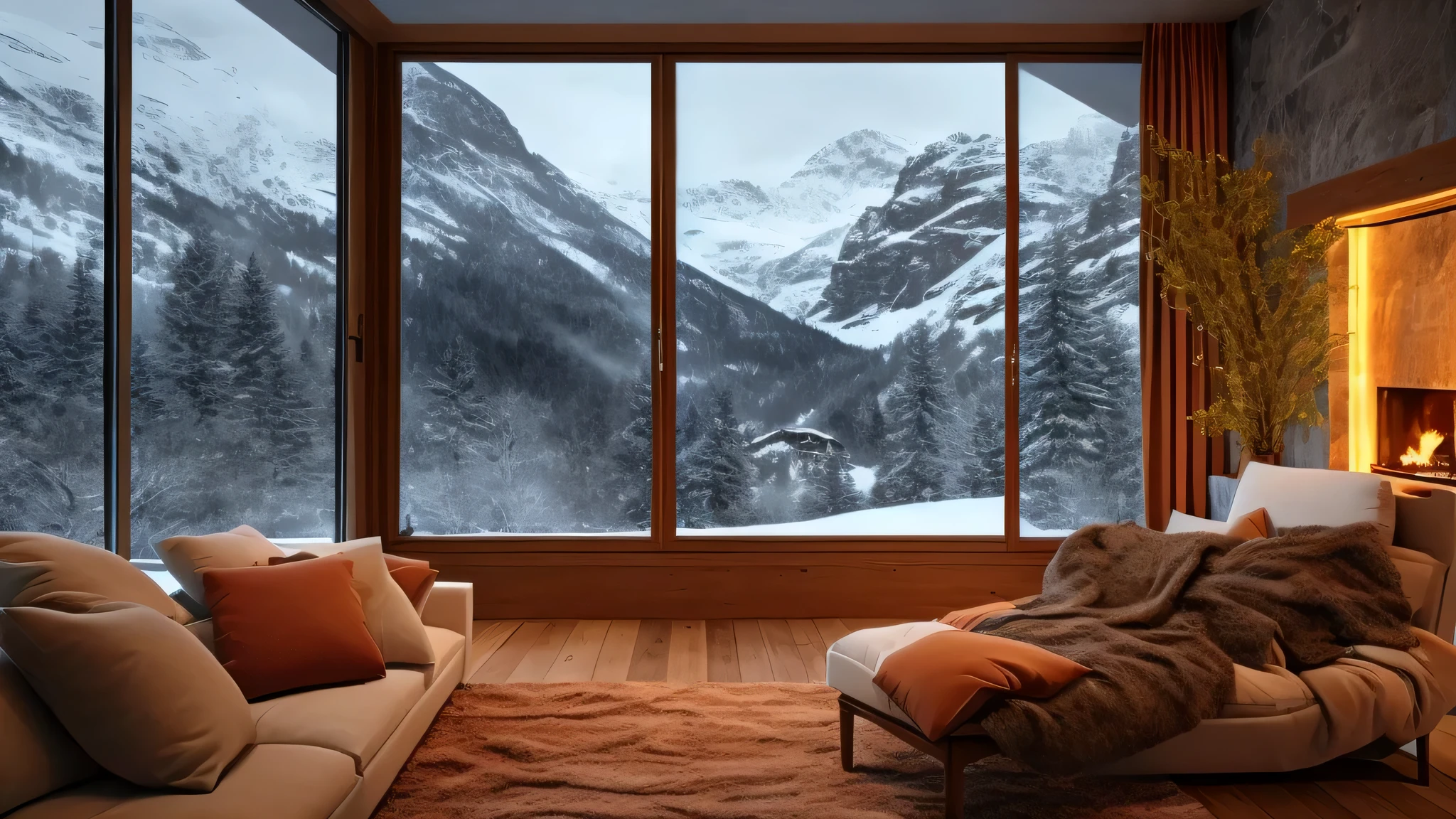 Alafed living room with large windows and mountain views, Blend in with the mountains, Interior based on warm white, cozy place, Warm interior, Relaxing and pleasant scenery, Cozy and calm, Cozy and peaceful atmosphere, relaxing environment, cozy atmosphere, cozy atmosphere, cozy room, cozy environment, warm living room, there are big bets。relax time. good view, In the Swiss Alps