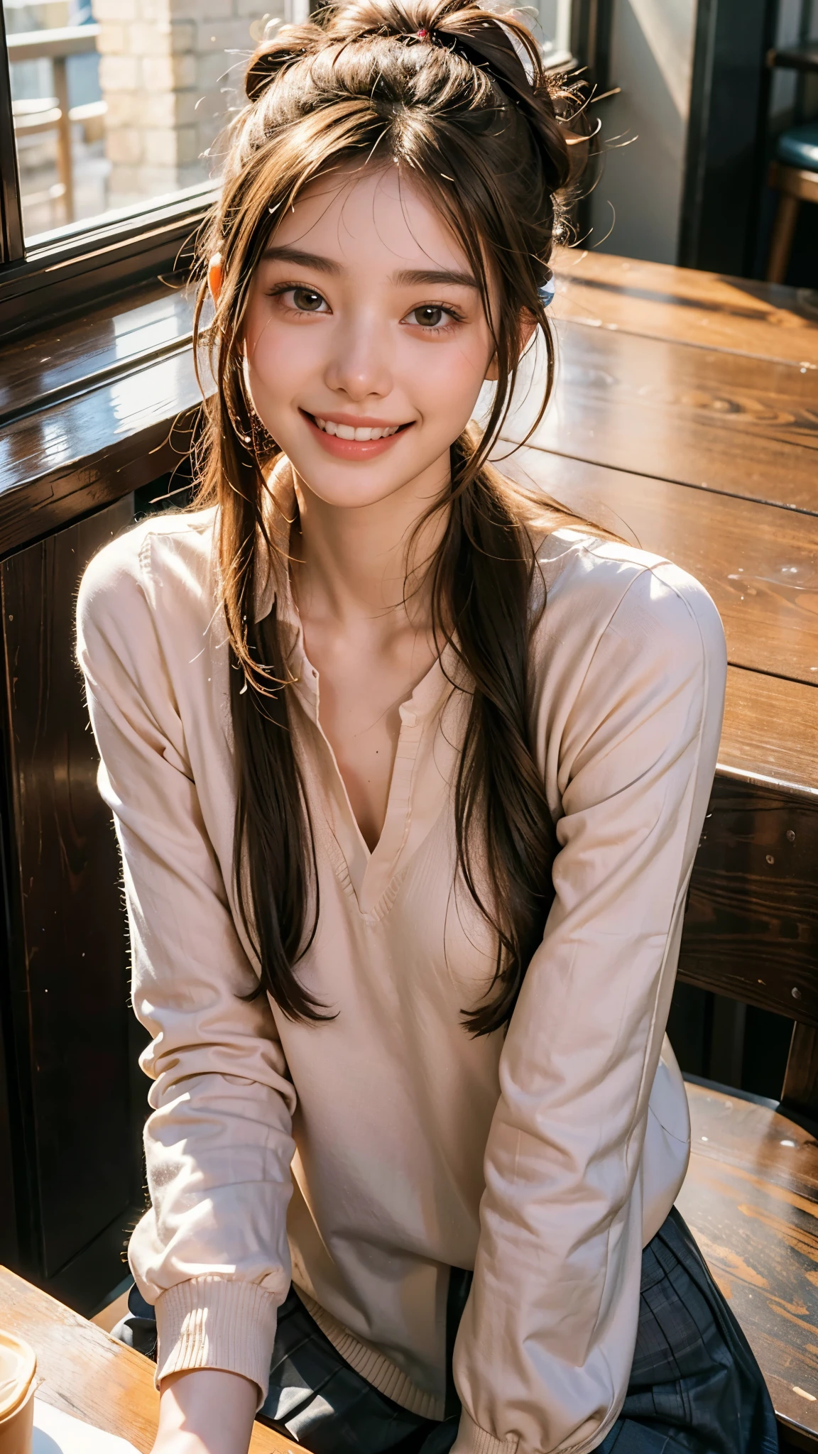 highest quality, masterpiece, ultra high resolution, (realistic:1.4), (portrait facing each other) RAW photo, 1 girl, 22 years ago,slender body,Medium chest,((Winter School Uniforms)),((long hair bun hair)),((Chatting while drinking a latte at a cafe)),((looking up at the audience)),(blush),saturation, contrast,((toothy smile)),