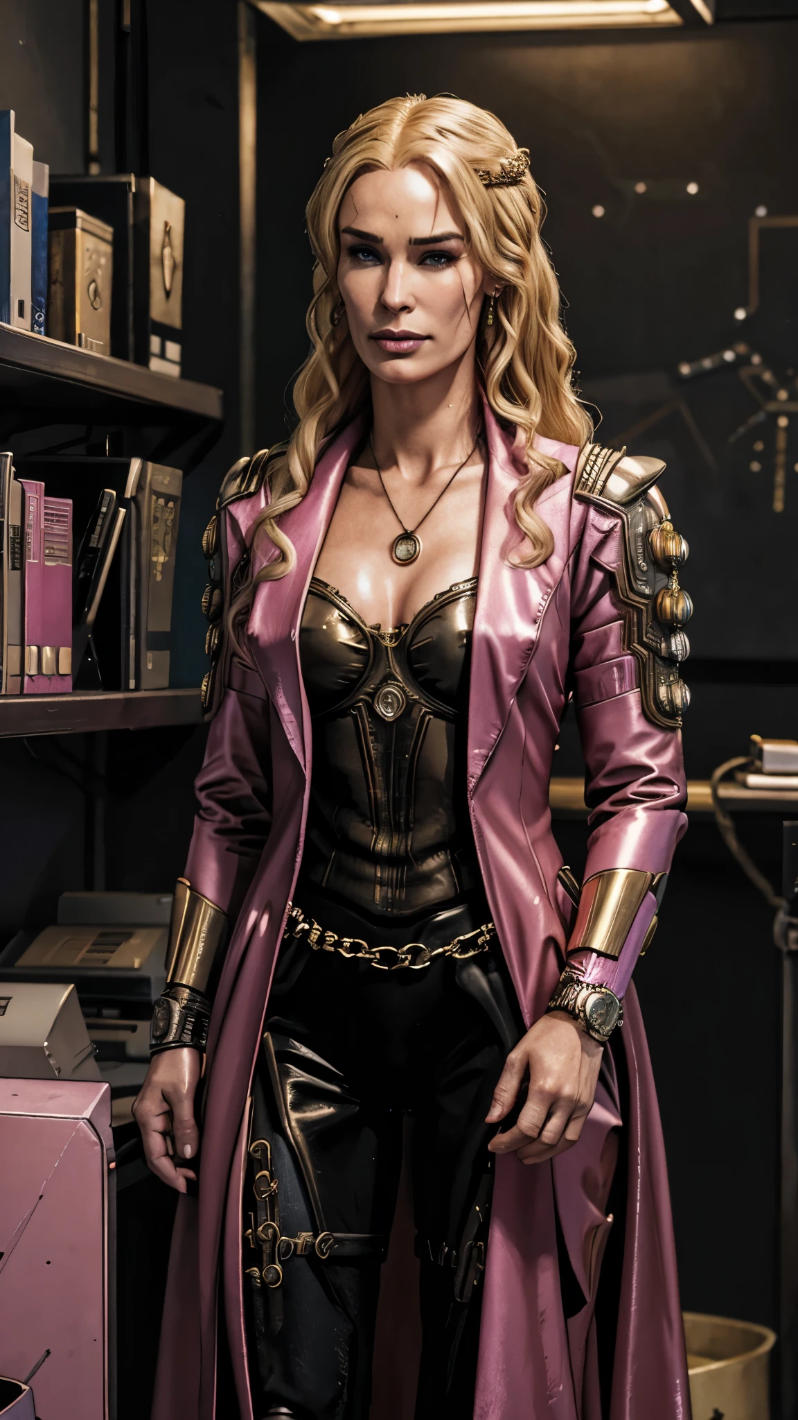 cyberpunk, l3n4 as Cersei Lannister, cyberpunk blonde hair, make-up, cyberpunk pink office suit, cyberpunk pantyhose, earrings, rings, necklace, standing in the cyberpunk luxury office, boss, bossy, 1woman, solo, beautiful detailed glow, detailed, cinematic light, intricate detail, realistic, highres, detailed facial features, high detail, sharp focus, smooth, aesthetic, extremely detailed, stamp, octane render