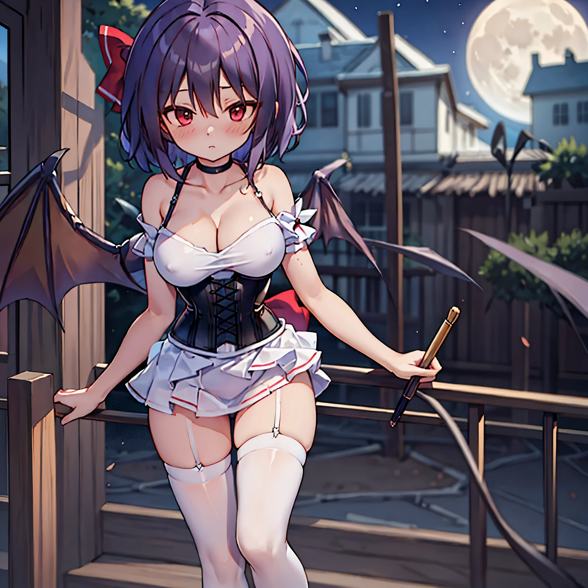 (Remilia toho character), (solo:1.2), (standing on the deck of mansion:1.1), a full moon, midnight, BREAK, short hair, collarbone, (very perky large breasts), (emphasize cleavage:1.2), (inconceivably thin waist:1.3), (very short thin torso:1.2), very long (thin legs), emphasize thigh gap, BREAK, (short sheer white dress), shoulder straps, (brown inconceivably wiry corset cinches waist too tight:1.5), frilled (too short white miniskirt), (light blue thighhighs), BREAK, nose blush