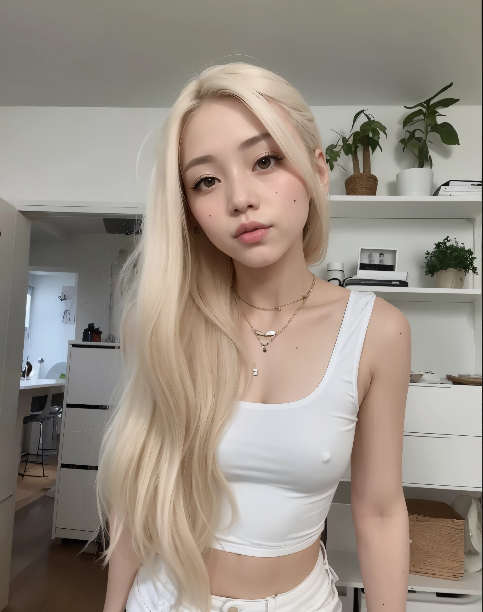 Mujer de cabello rubio con cabello largo vistiendo un top blanco y pantalones blancos., con el pelo largo y blanco, su cabello es blanco, con pelo largo y blanco, very very pale blonde hair, extremely pale blonde hair, peinado de corte hime blanco, chica perfecta de pelo blanco, con pelo largo y rubio, muchacha coreana, asian girl with long hair, pelo largo y blanco y flequillo, hermosa joven coreana