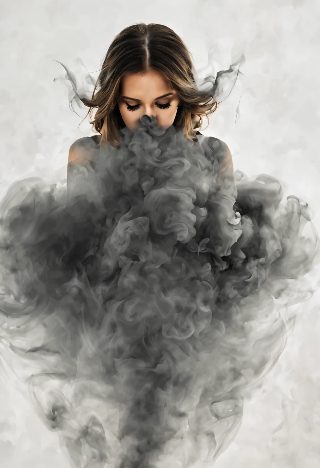 Smoky art, gray smoke drawing on a white background, (smoky:1.3) silhouette of a girl on a white background, black smoke girl, gray smoke drawing, smoke drawing