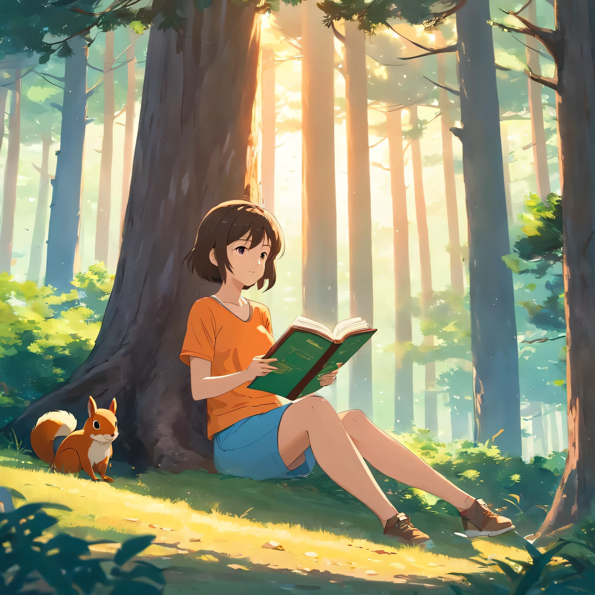 girl reading under pine tree，There is a squirrel next to it