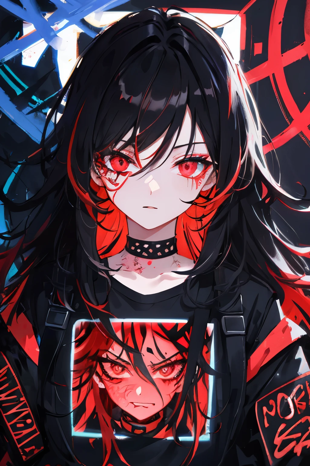 best quality, intricate details, chromatic aberration,
1girl, long hair, black hair, messy hair, red highlights, hair over one eye, red eyes, sharp eyes,
choker, neon shirt, torn legwear, open jacket,
against wall, brick wall, graffiti, glowing grafiti, glowing tattoos, glow, neon lights,
blacklight,