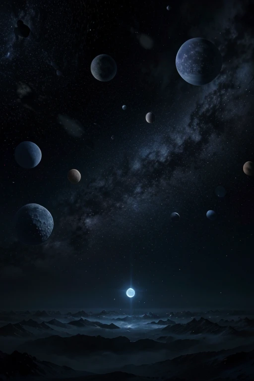 Title: Nine Moons Space Wallpaper Description: Create a unique, stylized wallpaper with a deep navy blue background and nine moons in a space style. Focando nas luas em perspectiva