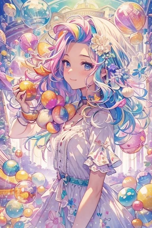 (masterpiece, highest quality, highest quality, watercolor (Moderate), official art, beautiful and aesthetic: 1.2), (1 girl: 1.3), (fractal art: 1.3), morning, Good morning, smile, sunny day, Hilarious, look viewer, pattern, Wave, (rainbow colored hair, colorful Hair: 1.2), null, gas, cloud, colorful, Soap bubble