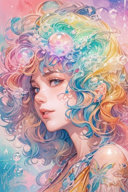 (masterpiece, highest quality, highest quality, watercolor (Moderate), official art, beautiful and aesthetic: 1.2), (1 girl: 1.3), (fractal art: 1.3), morning, Good morning, smile, sunny day, Hilarious, look viewer, pattern, Wave, (rainbow colored hair, colorful Hair: 1.2), null, gas, cloud, colorful, Soap bubble