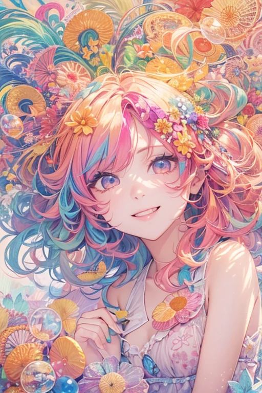 (masterpiece, highest quality, highest quality, watercolor (Moderate), official art, beautiful and aesthetic: 1.2), (1 girl: 1.3), (fractal art: 1.3), morning, Good morning, smile, sunny day, Hilarious, look viewer, pattern, Wave, (rainbow colored hair, colorful Hair: 1.2), null, gas, cloud, colorful, Soap bubble
