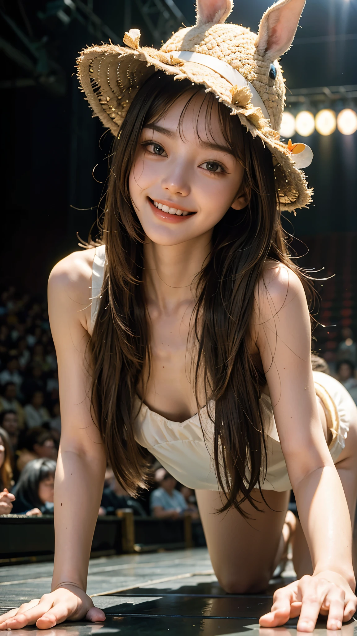 highest quality, masterpiece, ultra high resolution, (realistic:1.4), (close portrait) RAW photo, 1 girl, 22 years ago,wink,((crawl on all fours))slender body,Medium chest,((rabbit costume)),((Rabbit eared hat))、((long hair with straight bangs)),((looking up at the audience)), realistic pictures,((toothy smile)),