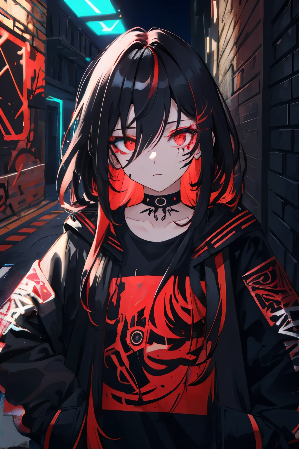 best quality, intricate details, chromatic aberration,
1girl, long hair, black hair, messy hair, red highlights, hair over one eye, red eyes, sharp eyes,
choker, neon shirt, torn legwear, open jacket,
against wall, brick wall, graffiti, glowing grafiti, glowing tattoos, glow, neon lights,
blacklight,