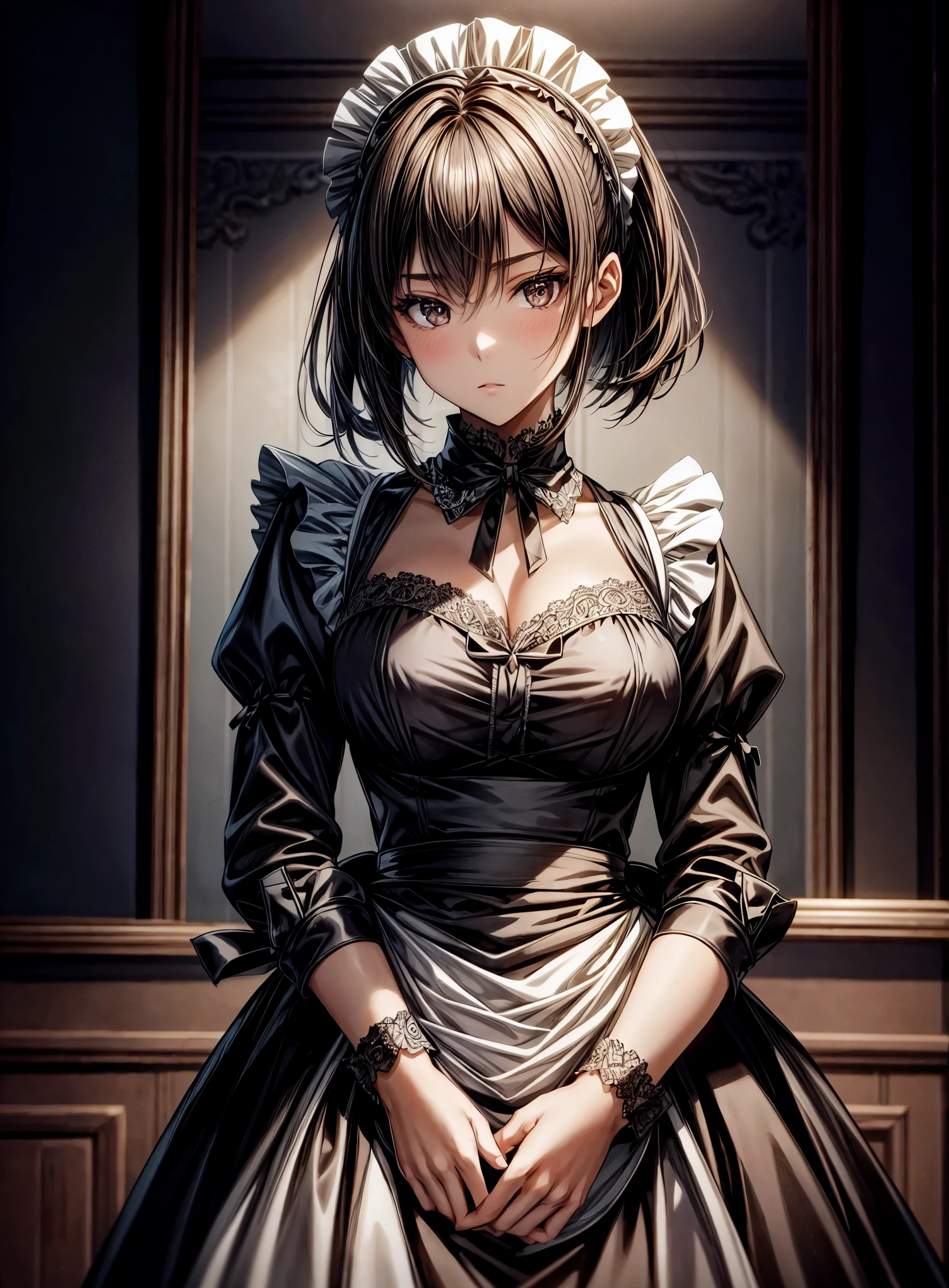 The scene unfolds with a 16-year-old girl, enveloped in a gothic aura, rising majestically before the viewer. ((Her dark hair, cut in a bob style)), frames her pale face, while her dark brown eyes shine with an enigmatic intensity. She is clad in a ((maid uniform):1.3), a choice that amplifies her slender and gloomy figure, highlighting her singular presence. Her posture is firm, conveying an unwavering determination, as if challenging fate itself. ((Full_body):1.5)

The soft light highlights the details of her appearance, revealing every shadow and contour. Every line of her uniform is sharp, every fold captured in ultra-realistic detail. She is positioned in full body, in an anime style that adds a layer of artistic expression to her image. Every feature of her face is precisely delineated, conveying subtle and complex emotions that invite the viewer to delve deeper into her story.

The advanced technology of Unreal Engine 5 brings the scene to life, providing an unparalleled sense of immersion. Every texture is rich in detail, every shadow and reflection contributing to the immersive atmosphere. The visual quality is unmatched, with a 16K resolution that elevates the experience to new levels of realism. Every pixel is loaded with intensity, capturing the essence of the young gothic girl in all her dark glory.

Her dynamic and confident pose conveys a sense of power and mystery, as she gazes at the viewer with a penetrating gaze. Her hands are perfectly rendered, her fingers delicately sculpted in a representation of impeccable technical skill. She is a digital masterpiece, a fusion of beauty and darkness that captivates and fascinates.

In this masterful representation, the 16-year-old gothic girl stands out as a symbol of individuality and authenticity. Her presence fills the screen with captivating energy, inviting the viewer to lose themselves in her world of mystery and intrigue. 