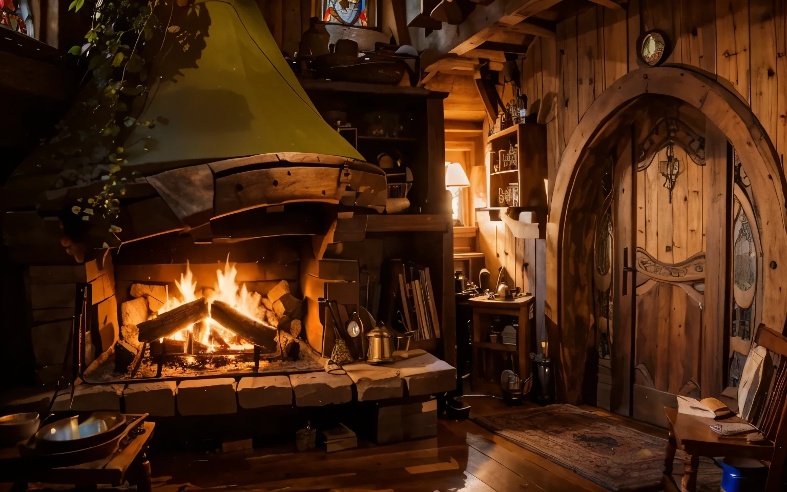 large fireplace at hobbit wooden house. A room full of objects, a table with goods, kettle and coffe cup, a bookshel aside the fireplace, and at the end, a pretty stained glass, a room of detailed objects (DO IT BETTER, MORE DETAILED)