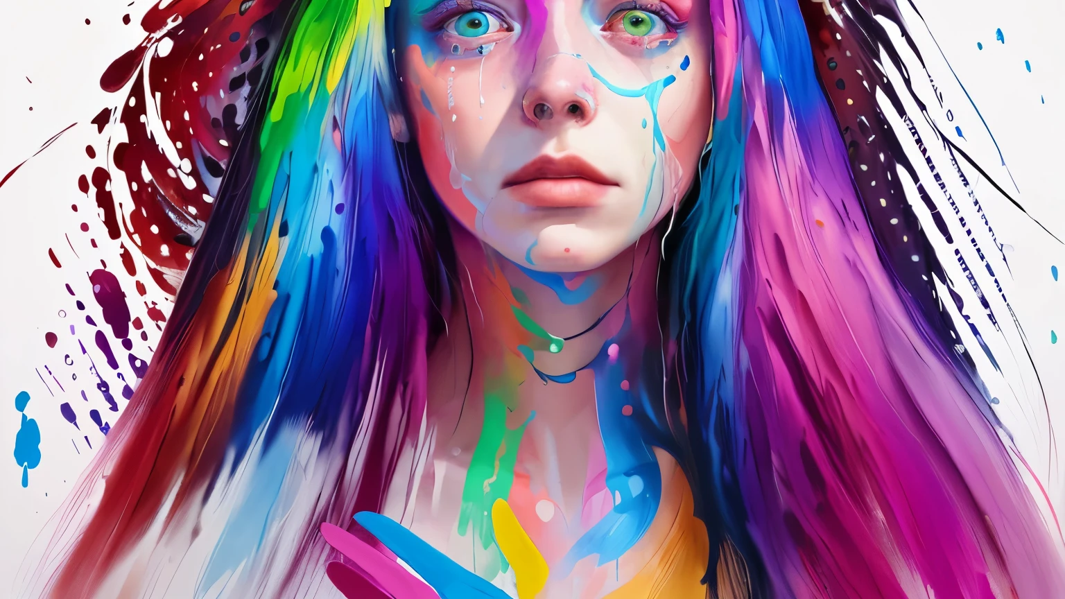 painting of a woman with long hair and a face painted with colorful paint, woman crying rainbow paint, an expressive digital painting, young glitched woman, in the art style of bowater, emotional sad painting, intricate heterochromatic sad, digital art. @mariomaniacdude, billie eilish portrait, painted digital art, portrait of billie eilish