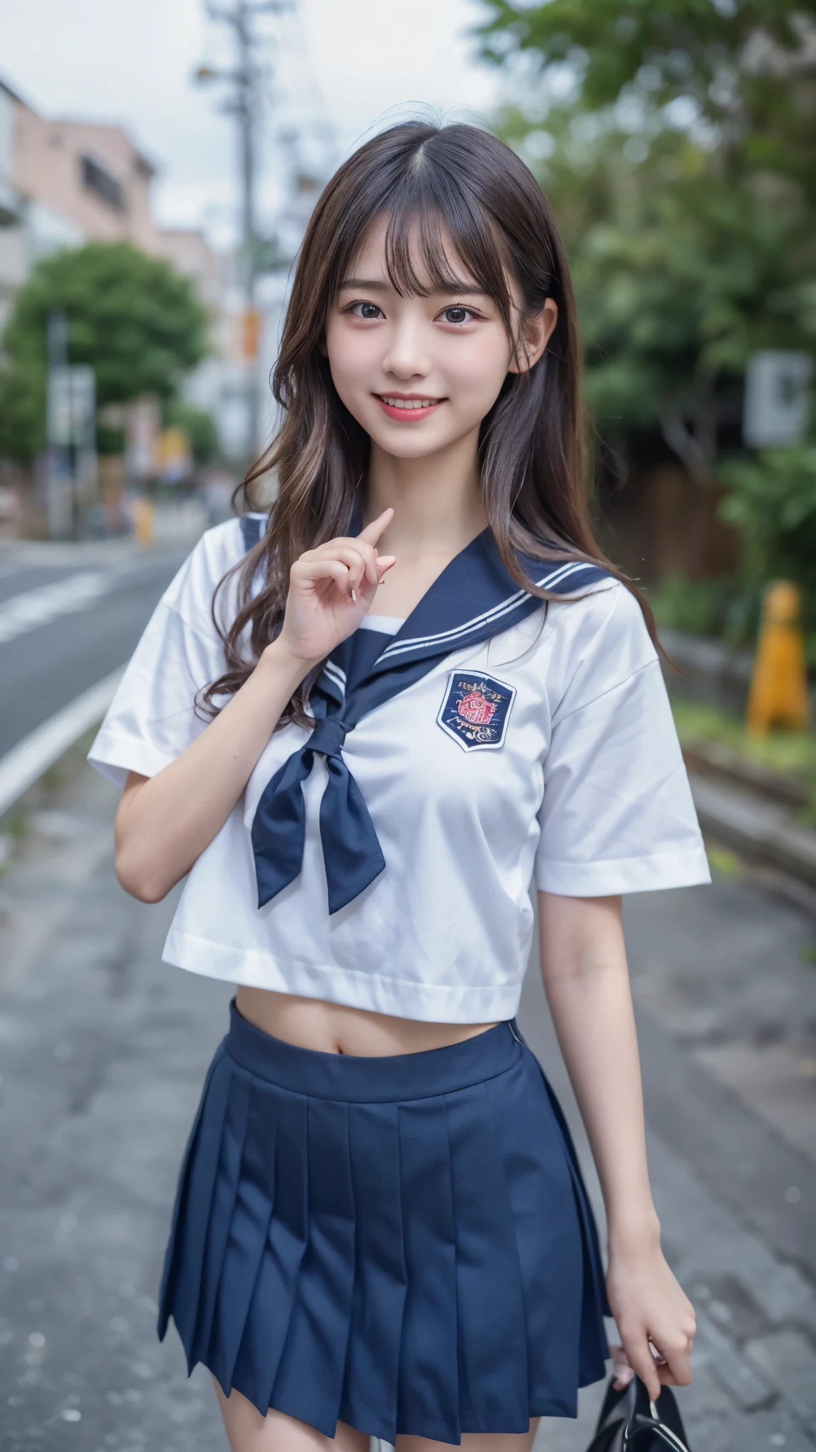 (best quality, 8k, 32k, masterpiece, UHD:1.2), (RAW photo), (realistic), (photorealistic:1.2), (high resolution), huge filesize, ultra-detailed, extremely beautiful face & eyes, 1girl, japanese elementary school student,14yo, 13yo, 12yo, round small face, baby face, thin waist, large breasts, slim proportions, thin thighs, (darkblue pleated mini skirt, japanese sailor, sailor fuku, serafuku, japanese school sailor suit), nice hands, perfect hands, accurate hand depiction, perfect thumb & fingers, sweaty, shy smile, pure white teeth, from below, cyberpunk, after the rain, blue sky,