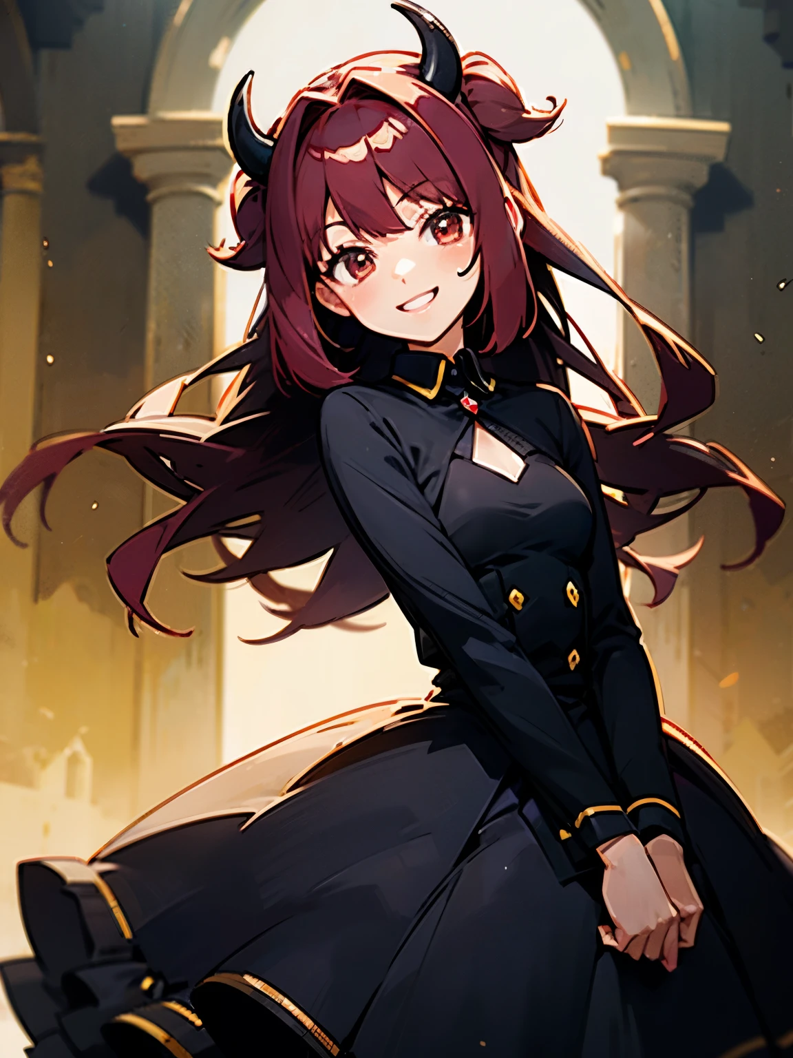 masterpiece, best quality, long dark red hair, short girl, two black horns, solo, smiling, shiny lighting, happy, very young, cute, long red dress, gorgeous