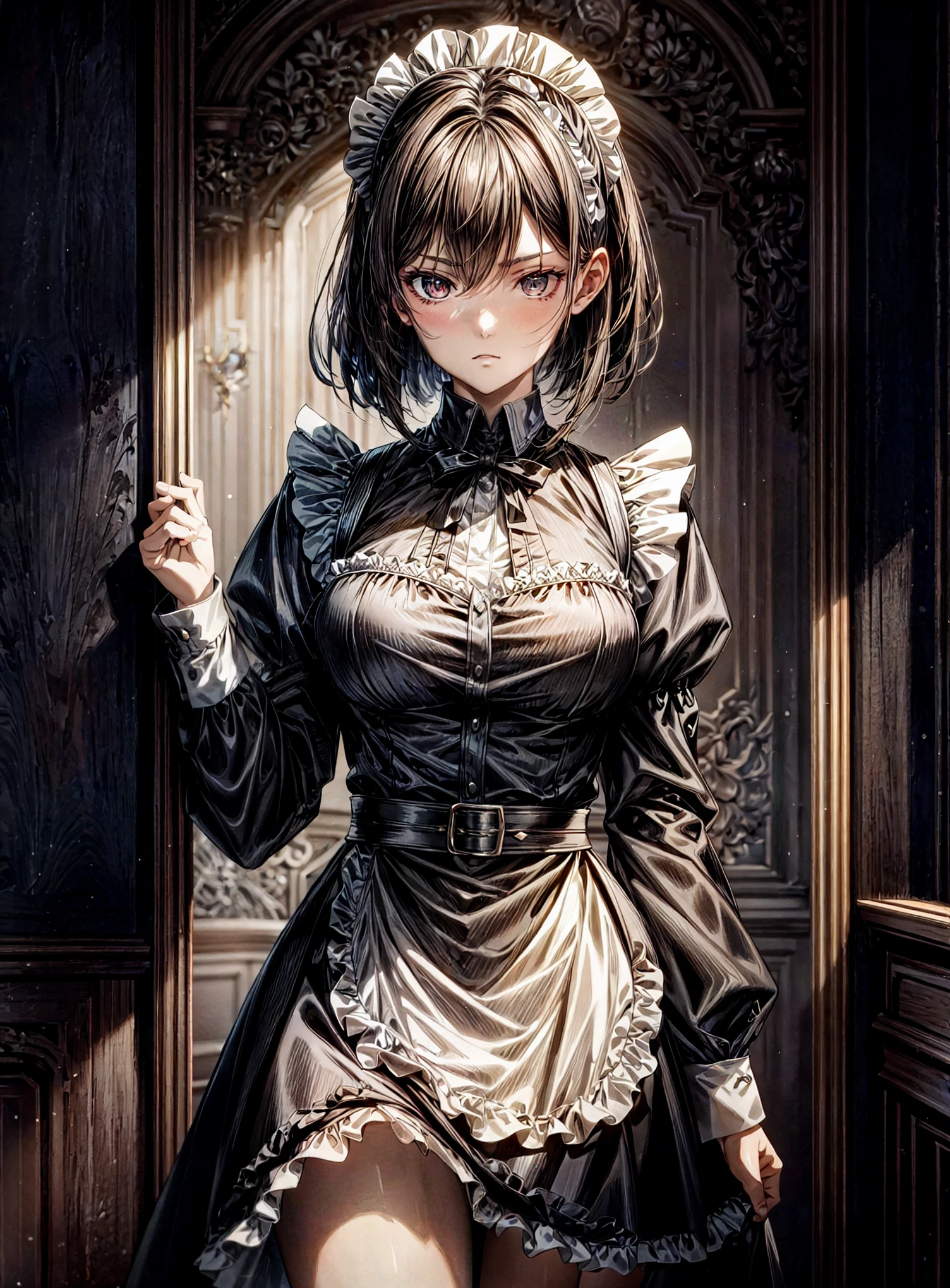 The scene unfolds with a 16-year-old girl, enveloped in a gothic aura, rising majestically before the viewer. ((Her dark hair, cut in a bob style)), frames her pale face, while her dark brown eyes shine with an enigmatic intensity. She is clad in a ((maid uniform):1.3), a choice that amplifies her slender and gloomy figure, highlighting her singular presence. Her posture is firm, conveying an unwavering determination, as if challenging fate itself. ((Full_body):1.5)

The soft light highlights the details of her appearance, revealing every shadow and contour. Every line of her uniform is sharp, every fold captured in ultra-realistic detail. She is positioned in full body, in an anime style that adds a layer of artistic expression to her image. Every feature of her face is precisely delineated, conveying subtle and complex emotions that invite the viewer to delve deeper into her story.

The advanced technology of Unreal Engine 5 brings the scene to life, providing an unparalleled sense of immersion. Every texture is rich in detail, every shadow and reflection contributing to the immersive atmosphere. The visual quality is unmatched, with a 16K resolution that elevates the experience to new levels of realism. Every pixel is loaded with intensity, capturing the essence of the young gothic girl in all her dark glory.

Her dynamic and confident pose conveys a sense of power and mystery, as she gazes at the viewer with a penetrating gaze. Her hands are perfectly rendered, her fingers delicately sculpted in a representation of impeccable technical skill. She is a digital masterpiece, a fusion of beauty and darkness that captivates and fascinates.

In this masterful representation, the 16-year-old gothic girl stands out as a symbol of individuality and authenticity. Her presence fills the screen with captivating energy, inviting the viewer to lose themselves in her world of mystery and intrigue. 