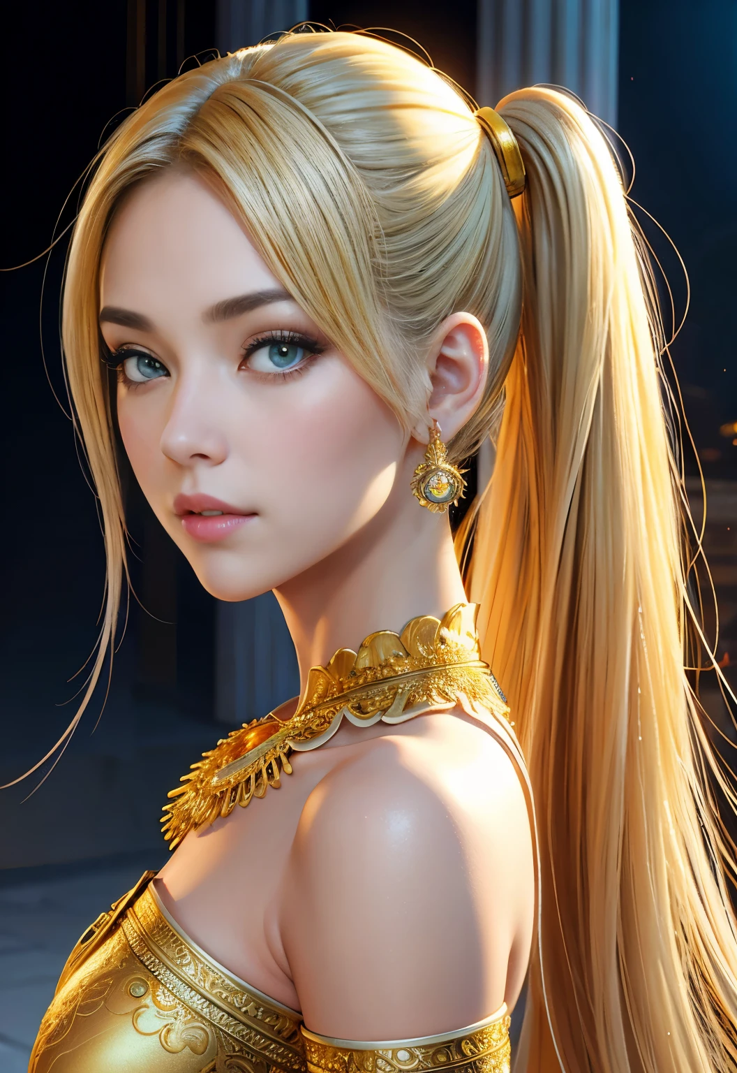 (highest qualityの, highest quality, beautiful and aesthetic:1.2), (1 female), very detailed,(fractal art:1.3),colorful,best details, composition of golden ratio,Dynamic and natural line of sight,mature heroine, detailed face, beautiful face with decorative details (sand blonde ponytail hair) (gray eyes), golden background, yellow small outline with white touch,There is a yellow magic mirror inside the heavenly palace, Detailed characters, Goddess Detailed Heaven Place, Laplace, detailed background