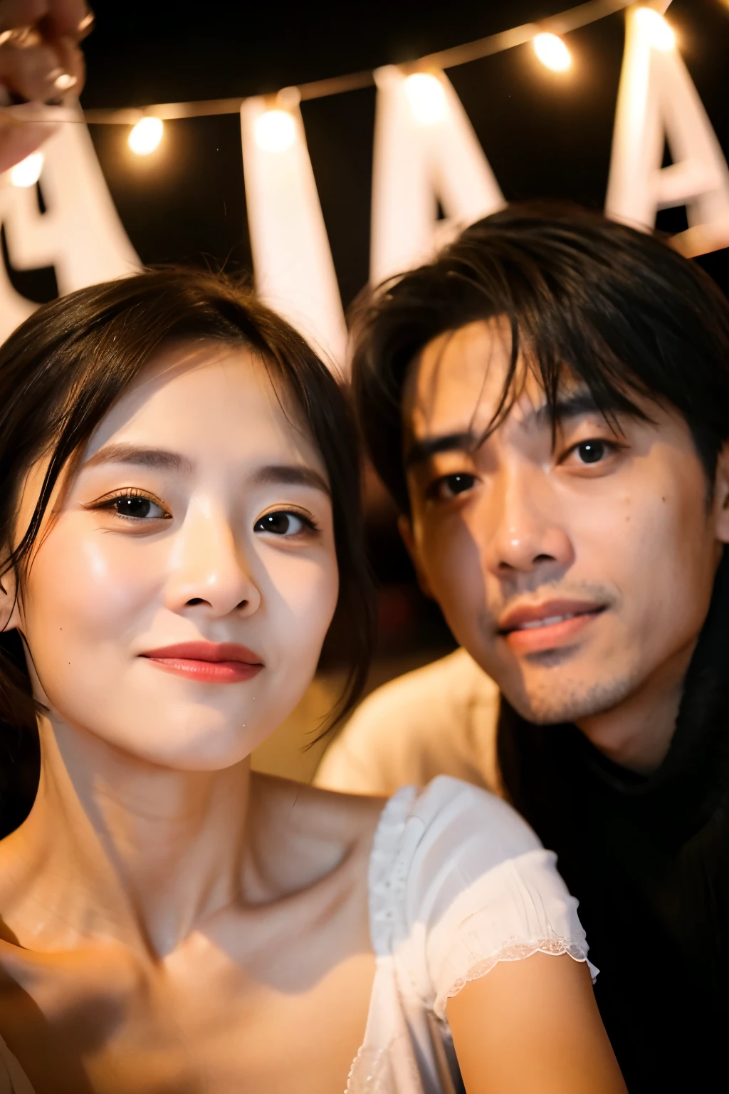 A man and a woman wearing loose, refreshing blouses are rubbing cheeks together、Looking straight at the camera and smiling, The background is a plain gray gradient, Close-up