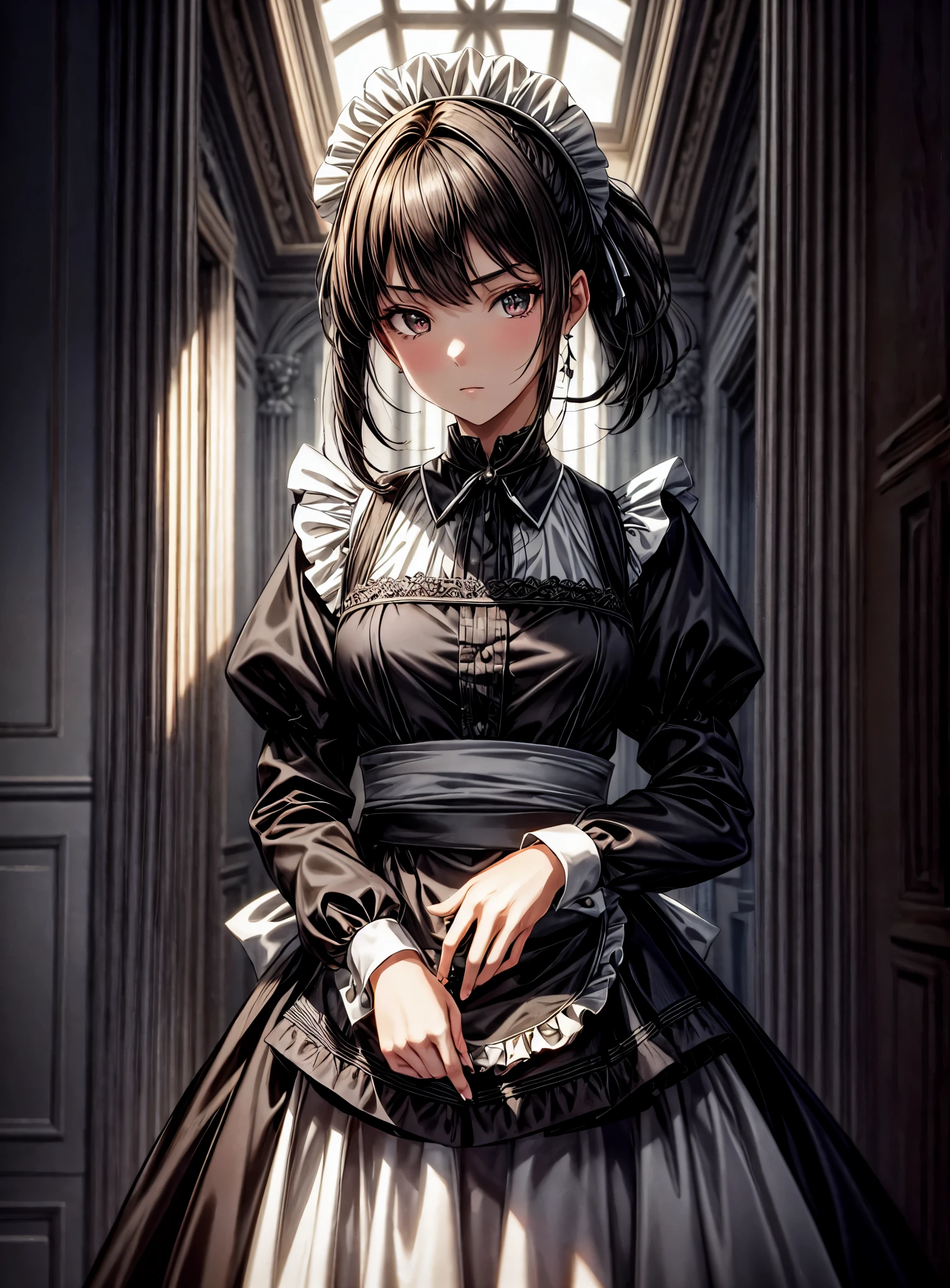 The scene unfolds with a -yeld gi enveloped in a gothic aura, rising majestically before the viewer. ((Her dark hair, cut in a bob style)), frames her pale face, while her dark brown eyes shine with an enigmatic intensity. She is clad in a ((maid uniform):1.3), a choice that amplifies her slender and gloomy figure, highlighting her singular presence. Her posture is firm, conveying an unwavering determination, as if challenging fate itself. ((Full_body):1.5)

The soft light highlights the details of her appearance, revealing every shadow and contour. Every line of her uniform is sharp, every fold captured in ultra-realistic detail. She is positioned in full body, in an anime style that adds a layer of artistic expression to her image. Every feature of her face is precisely delineated, conveying subtle and complex emotions that invite the viewer to delve deeper into her story.

The advanced technology of Unreal Engine 5 brings the scene to life, providing an unparalleled sense of immersion. Every texture is rich in detail, every shadow and reflection contributing to the immersive atmosphere. The visual quality is unmatched, with a 16K resolution that elevates the experience to new levels of realism. Every pixel is loaded with intensity, capturing the essence of the young gothic girl in all her dark glory.

Her dynamic and confident pose conveys a sense of power and mystery, as she gazes at the viewer with a penetrating gaze. Her hands are perfectly rendered, her fingers delicately sculpted in a representation of impeccable technical skill. She is a digital masterpiece, a fusion of beauty and darkness that captivates and fascinates.

In this masterful representation, the 16-year-o go girl stands out as a symbol of individuality and authenticity. Her presence fills the screen with captivating energy, inviting the viewer to lose themselves in her world of mystery and intrigue. 