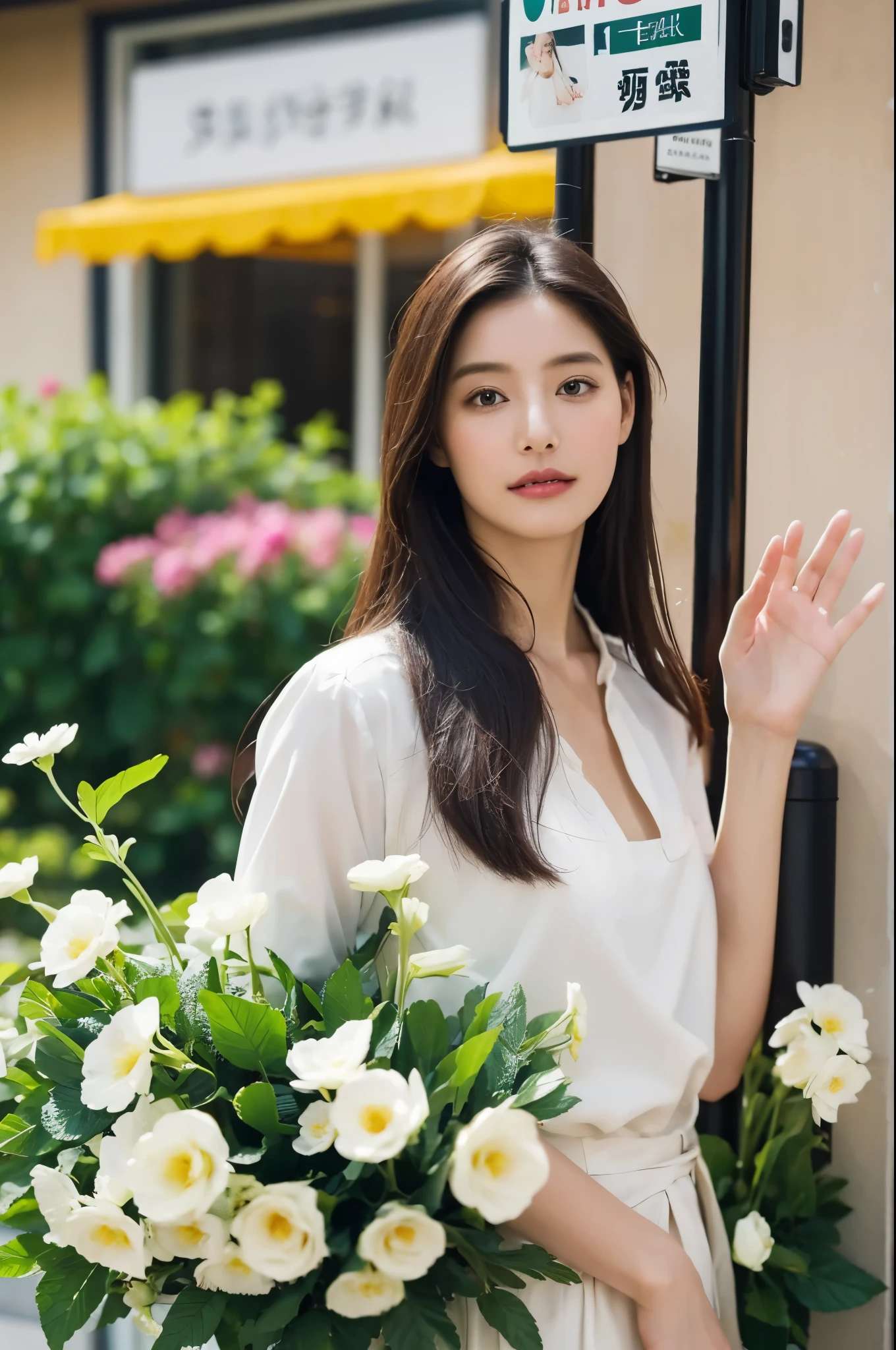 masterpiece, best quality, extremely detailed, hyperrealistic, photorealistic, a pretty woman working at flower shop:1.2, waving hand, perfect fingers, saying hi, looking at the viewer
