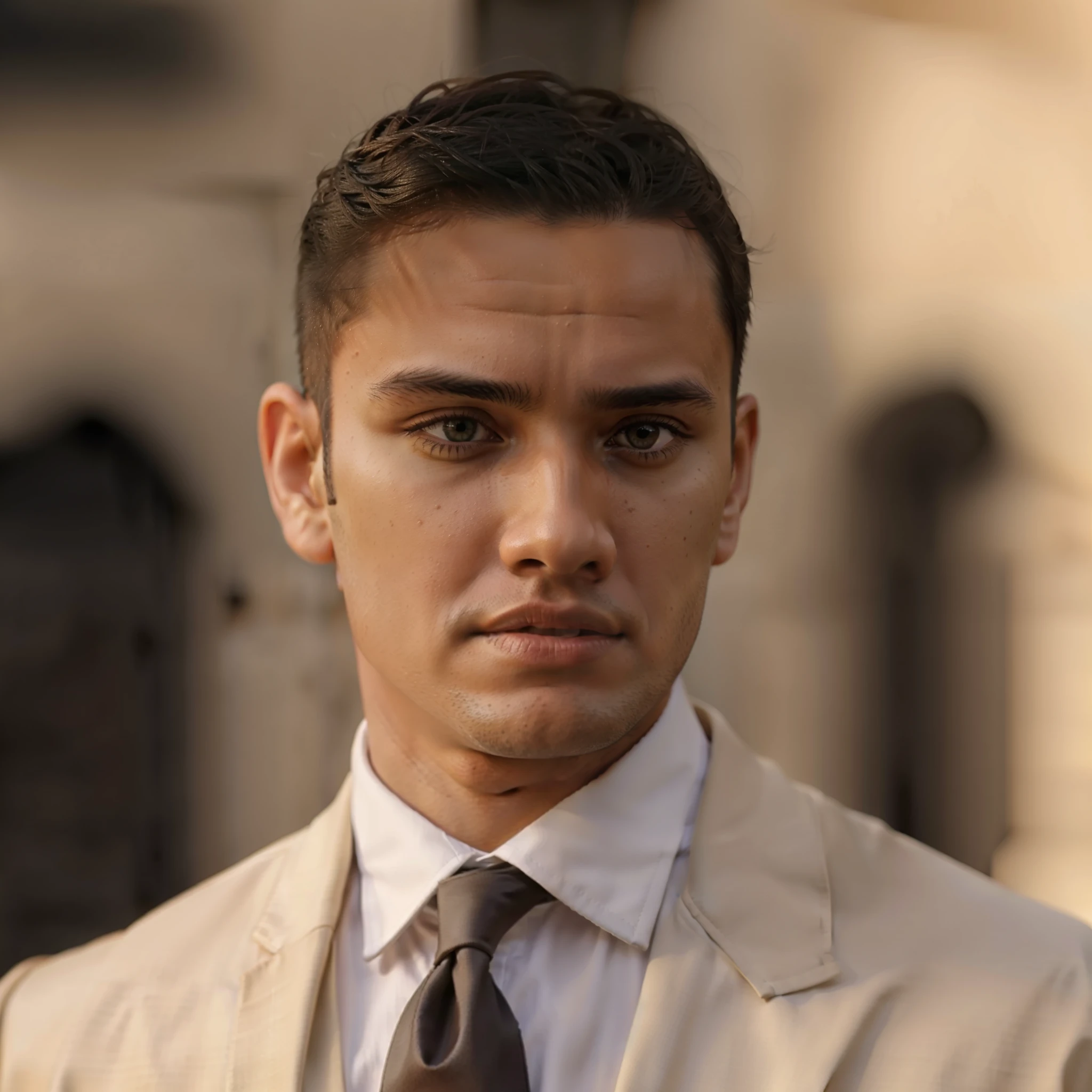 Melhore a qualidade desta imagem, improve high resolution image, seja fiel ao detalhes da imagem, melhore absurdamente a qualidade desta imagem. Esta imagem mostra um jovem com 19 s de idade, The young man is dark-skinned, improve young man&#39;s neck. is wearing a beige suit and a white tie. He's on a city street, the young man is looking directly at the camera with a serious expression, and your hair is curly and cut. Ele tem a face limpa e bem detalhada. The image is well lit, com o sol brilhando sobre o homem de sua parte esquerda. The man is standing next to a car, that is parked on the street. There are no other people or objects in the image. The overall atmosphere is professional and serious.