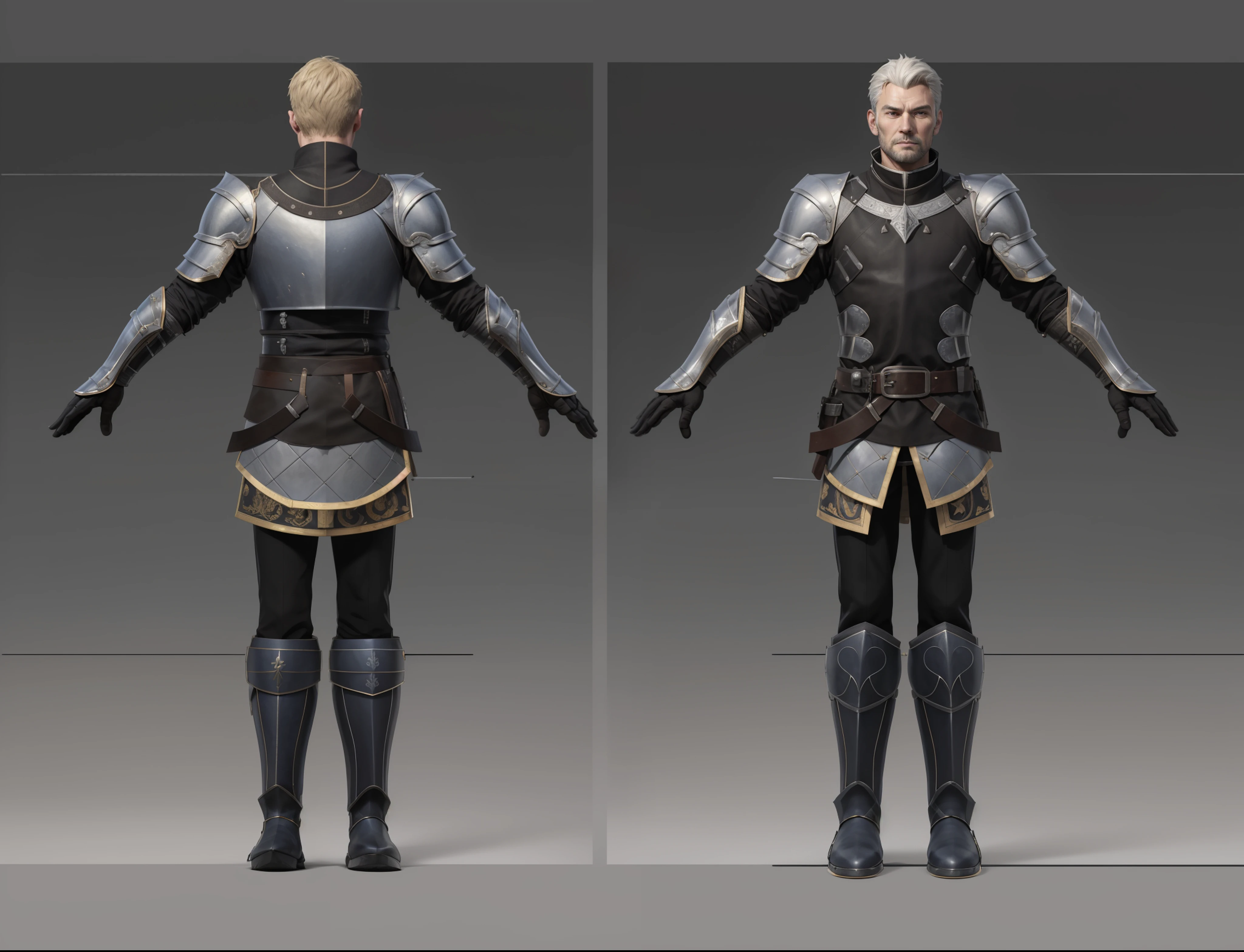 ( Realistic:1.33),(masterpiece:1.1),(highest quality:1.1),(HDR:1) a close up of a man with black leather front and back armor, collar armor, shoulder moonlit armor , full body concept, detailed full body concept, medieval imperial army style character, full body character concept, new costume concept design, full body details, detailed full body concept art, full character body, character model sheet turnaround, fullbody shot turnaround, concept character sheet, full body concept art, reference model sheet , full body concept art, imperial army style character, game character design, concept character, full body character concept art, 3d character reference sheet, male, video game character concept, detailed character design, character sheet, character model sheet turnaround , front and back, front and back, Imperial military cloth, dark costume, medieval blue Gambeson, (leather glove),v( leather boot armor), gambeson, black leather waist belt, moonlit shoulder armor, black leaher chest grey clean background, 3D characte