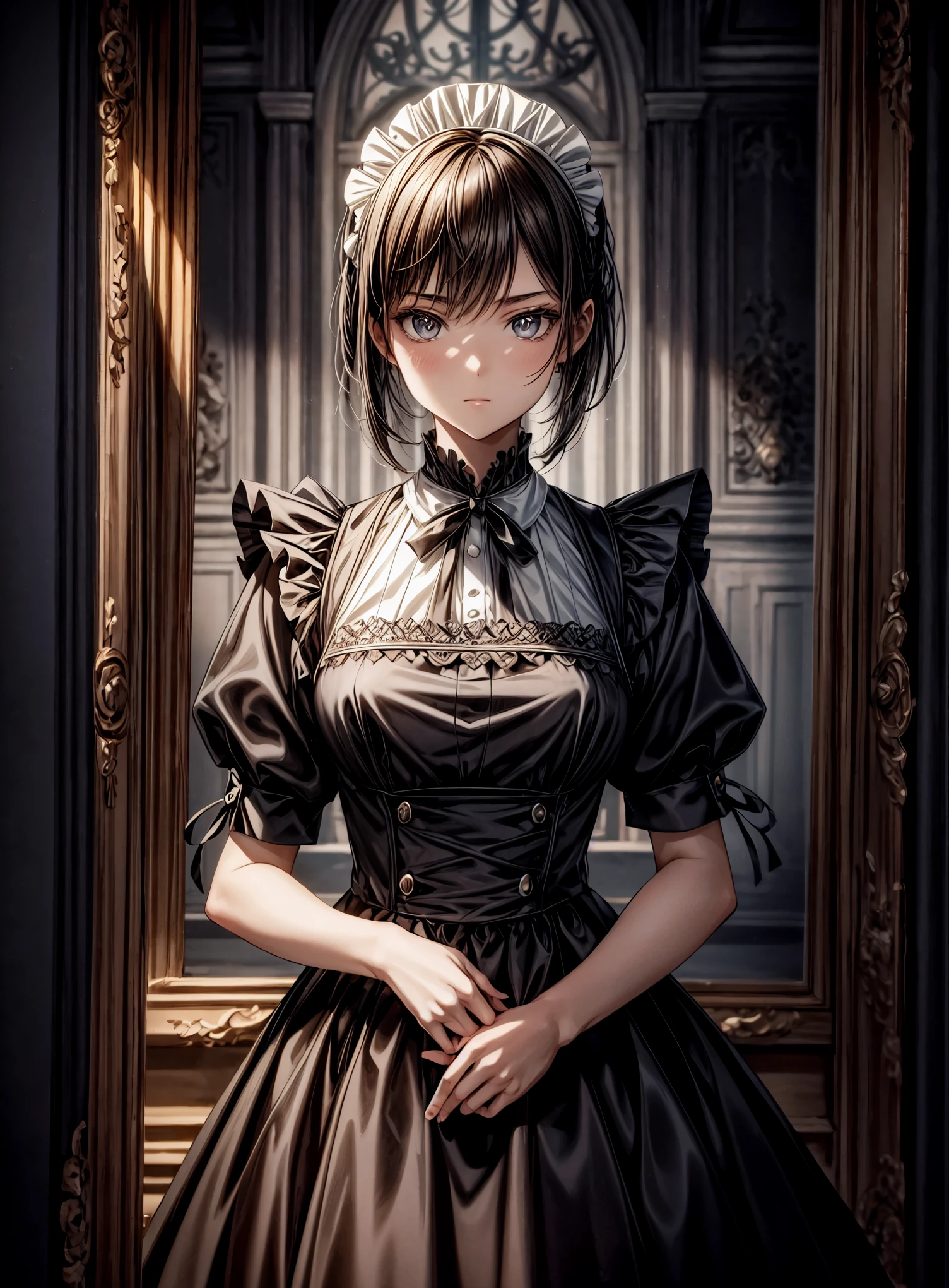 The scene unfolds with a 16-year-old girl, enveloped in a gothic aura, rising majestically before the viewer. ((Her dark hair, cut in a bob style)), frames her pale face, while her dark brown eyes shine with an enigmatic intensity. She is clad in a ((maid uniform):1.3), a choice that amplifies her slender and gloomy figure, highlighting her singular presence. Her posture is firm, conveying an unwavering determination, as if challenging fate itself. ((Full_body):1.5)
The soft light highlights the details of her appearance, revealing every shadow and contour. Every line of her uniform is sharp, every fold captured in ultra-realistic detail. She is positioned in full body, in an anime style that adds a layer of artistic expression to her image. Every feature of her face is precisely delineated, conveying subtle and complex emotions that invite the viewer to delve deeper into her story.
The advanced technology of Unreal Engine 5 brings the scene to life, providing an unparalleled sense of immersion. Every texture is rich in detail, every shadow and reflection contributing to the immersive atmosphere. The visual quality is unmatched, with a 16K resolution that elevates the experience to new levels of realism. Every pixel is loaded with intensity, capturing the essence of the young gothic girl in all her dark glory.
Her dynamic and confident pose conveys a sense of power and mystery, as she gazes at the viewer with a penetrating gaze. Her hands are perfectly rendered, her fingers delicately sculpted in a representation of impeccable technical skill. She is a digital masterpiece, a fusion of beauty and darkness that captivates and fascinates.
In this masterful representation, the 16-year-old gothic girl stands out as a symbol of individuality and authenticity. Her presence fills the screen with captivating energy, inviting the viewer to lose themselves in her world of mystery and intrigue.