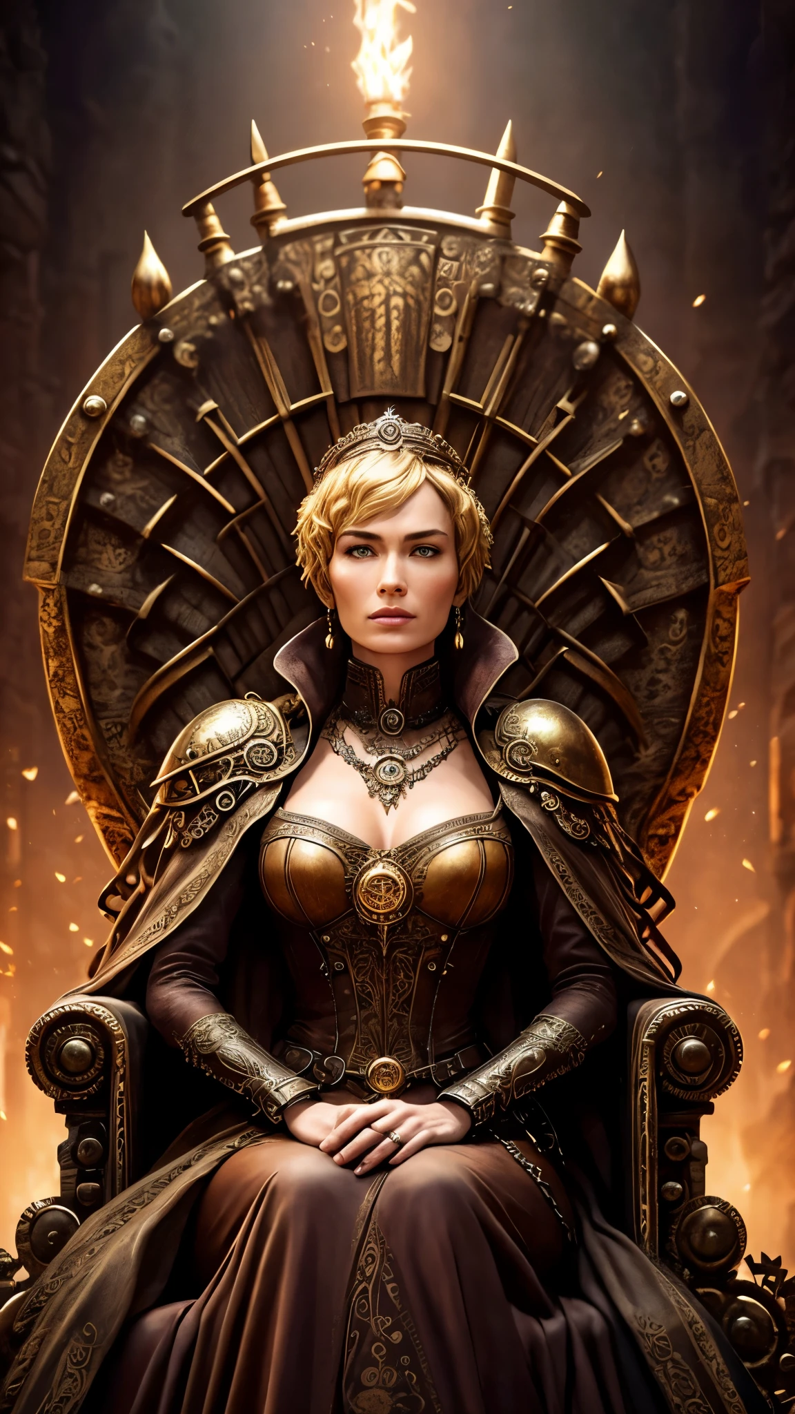 lenaheadey as Cersei Lannister, ((long blonde locks)), in a maroon leather dress is sitting on the Iron Throne, by Quentin Tarantino, 1woman, solo, beautiful detailed glow, detailed, cinematic light, intricate detail, realistic, highres, detailed facial features, high detail, sharp focus, smooth, aesthetic, extremely detailed, stamp, octane render