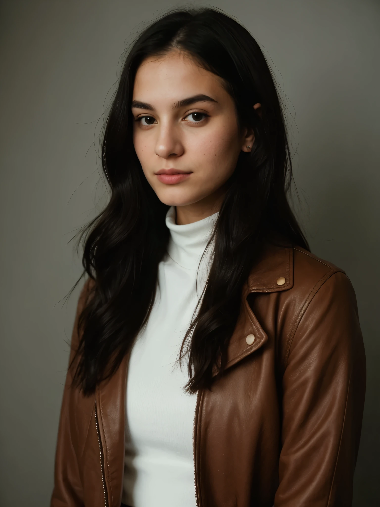 analog raw candid photo of a beautiful young white woman, realistic skin texture, black long wavy hair, slim, (closed mouth:1.1), black turtleneck shirt, brown leather jacket, relaxed, haze lighting, studio portrait, 35mm