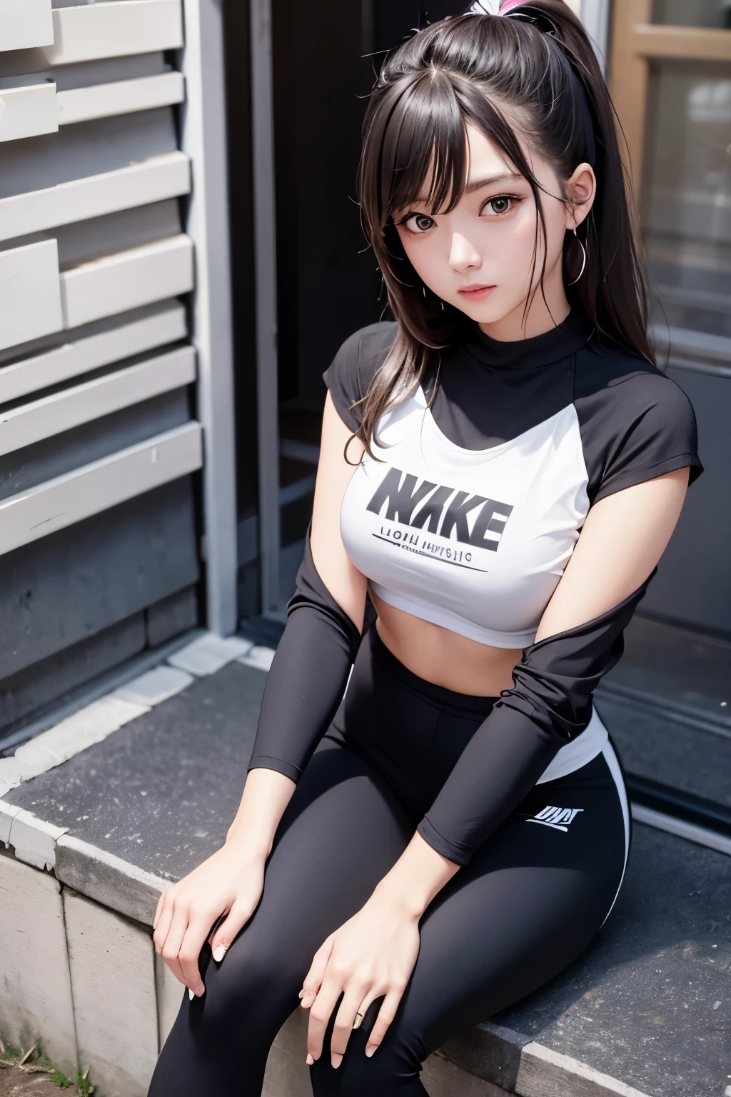 himejima_akeno, ponytail, long hair, ribbon, black hair, purple eyes, beautiful woman, beautiful, perfect body, perfect breasts, wearing a white Adidas hoodie, black jogger pants, wearing light blue Nike Jordan shoes, at the gym, barbell, looking at the audience, little smile, realism, masterpiece, textured skin, super detailed, high detail, high quality, best quality, 1080p, 16k