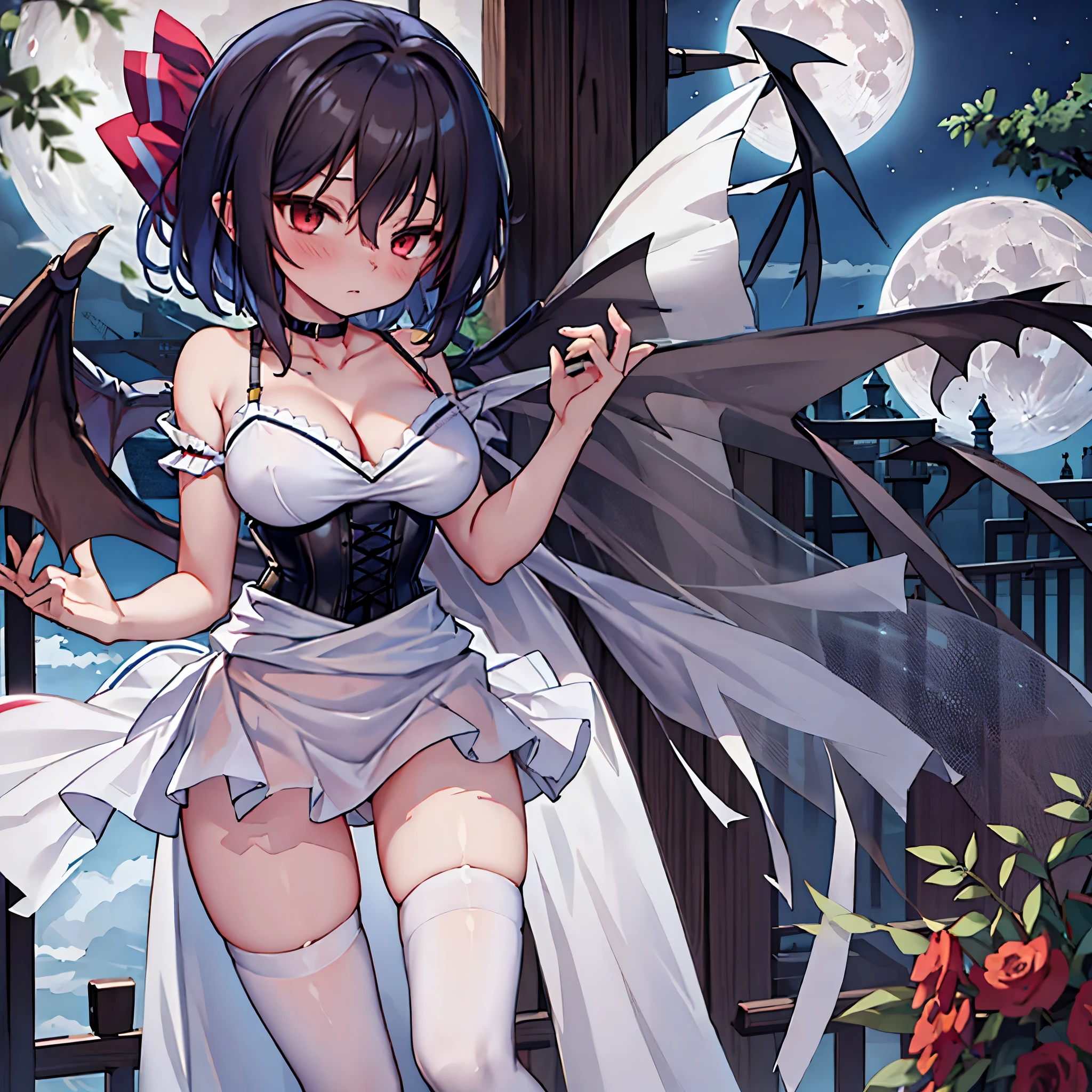 (Remilia toho character), (solo:1.2), (standing on the deck of mansion:1.1), a full moon, midnight, BREAK, short hair, collarbone, emphasize (very perky large breasts), (emphasize cleavage:1.2), (inconceivably thin waist:1.3), (very short thin torso:1.2), very long (thin legs), emphasize thigh gap, BREAK, (short sheer white dress), shoulder straps, (brown inconceivably wiry corset cinches waist too tight:1.5), frilled (too short white miniskirt), (light blue thighhighs), BREAK, nose blush