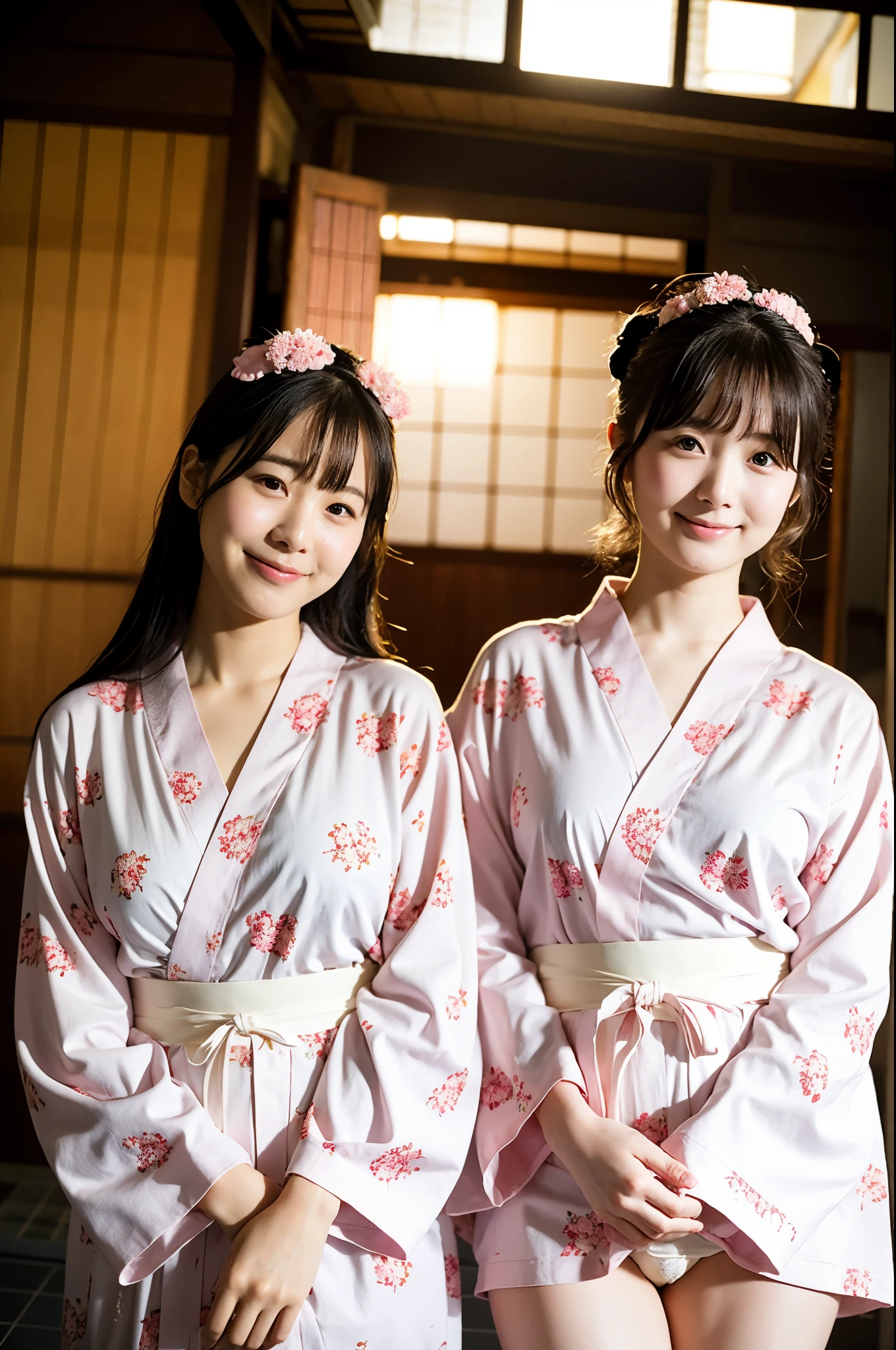 2 girls in ryokan hot spring,long-sleeved pale pink floral yukata,no panties,18-year-old,bangs,a little smile,thighs,knees,straight hair with barrette,from below,front-light