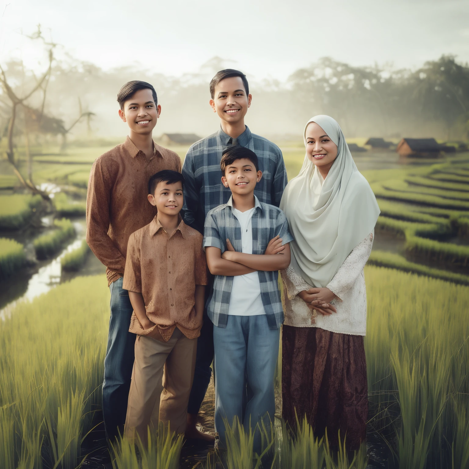 arafed family standing in a rice field with a river in the background, an indonesian family portrait, barong family, happy family, family portrait, barong family member, inspired by Rudy Siswanto, potrait, full protrait, by Basuki Abdullah, matte painting portrait shot, realism art, family photography, dramatic portraiture of namenlos