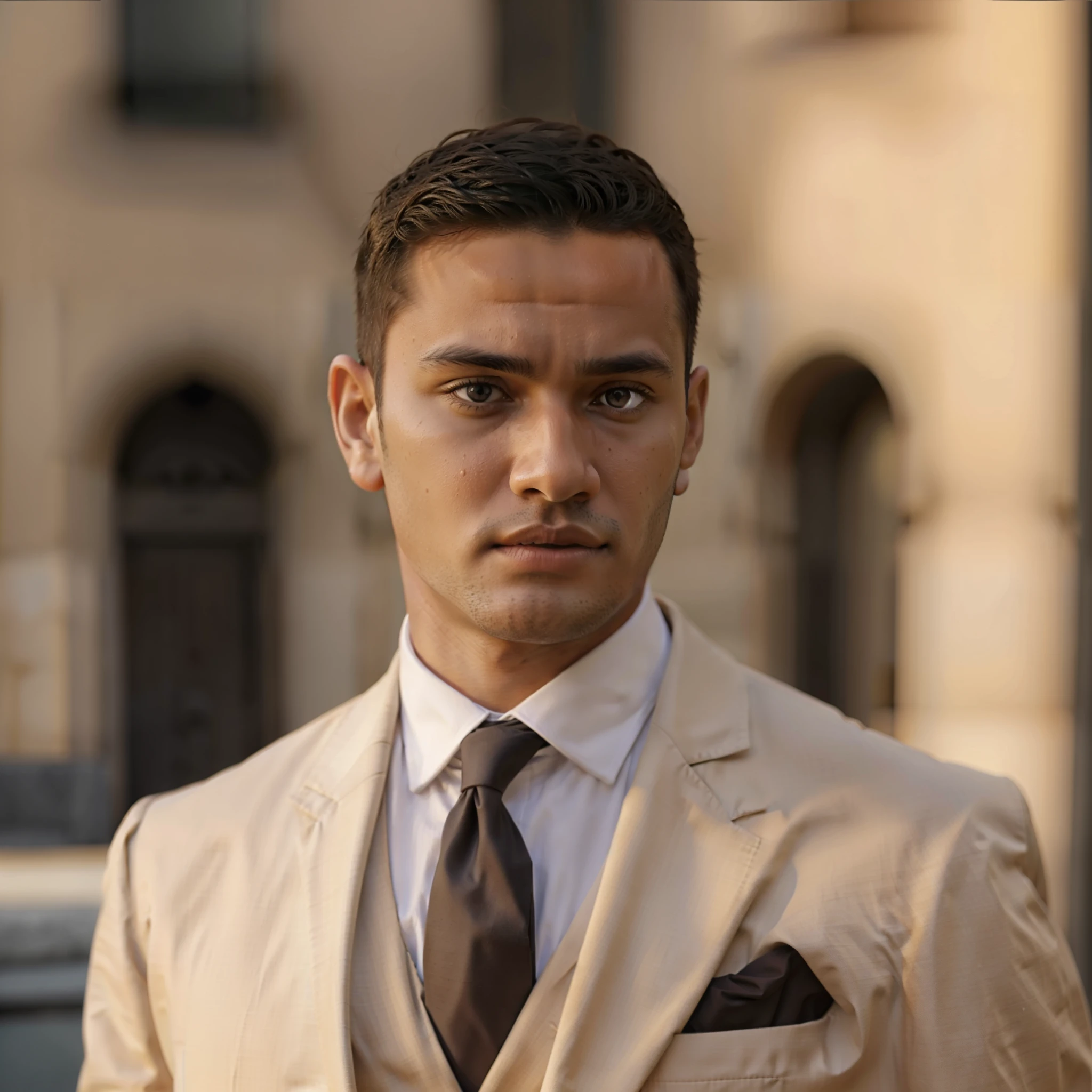 Melhore a qualidade desta imagem, improve high resolution image, seja fiel ao detalhes da imagem, melhore absurdamente a qualidade desta imagem. Esta imagem mostra um jovem com 19 anos de idade, The young man is dark-skinned, improve young man's neck. is wearing a beige suit and a white tie. He's on a city street, the young man is looking directly at the camera with a serious expression, and your hair is curly and cut. Ele tem a face limpa e bem detalhada. The image is well lit, com o sol brilhando sobre o homem de sua parte esquerda. The man is standing next to a car, that is parked on the street. There are no other people or objects in the image. The overall atmosphere is professional and serious.