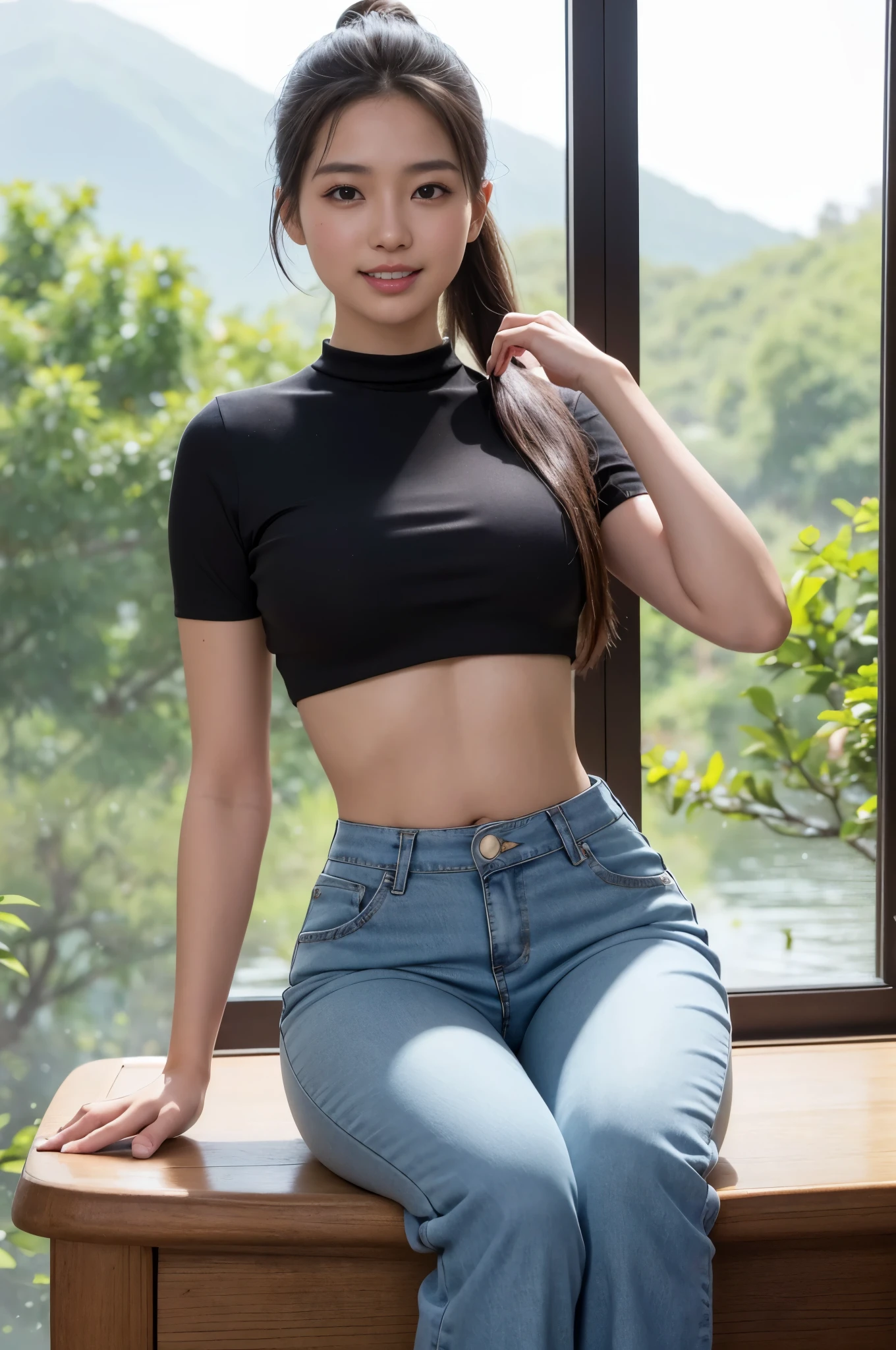 actual, lifelike, 8K HD, masterpiece: 1.5, angle shot, middle view, Arad Asian woman wearing short top, tight long jeans and cream shirt, background: 1.5 (foot of the mountain, follow the stream, Sitting in the stream), cute schoolgirl with Slim and perfect figure, ( Fashionable high ponytail, fluffy short straight hair: 1.2), Japanese 18 year old girl wearing long skinny jeans, 穿着hole紧身长牛仔裤 (low waist crop top, slightly flared, Pants: 1.5), (hole: 0.6), (Branded jeans: 1.5, Realistic and detailed jeans textures and stripes: 0.8, Realistic and detailed jeans graininess: 0.8), 超realistic schoolgirl, Dress up as a schoolgirl, 超realistic schoolgirl, realistic schoolgirl, pose, whole body: 1.5, beautiful skin, glowing skin, beautiful thighs, Perfect thighs, perfect calves, The toes are white and tender, beautiful breasts: 1.5, beautiful breasts: 1.5, beautiful butt: 1.5, best quality, White skin, real skin, (Details), Oval face, pores, ultra high resolution, (8k, original photo, lifelike:1.4), 1 girl, Slim, (Smile, Show teeth: 1.2, Looking at the audience happily with calm goddess eyes: 1.2), ( Fashionable high ponytail with fluffy straight hair: 1.2, lip gloss, eyelash, shiny face, best quality, ultra high resolution, wide lighting, natural shadow), pink toes: 1.5, stiletto sandals: 1.5, whole body (1.5) --automatic