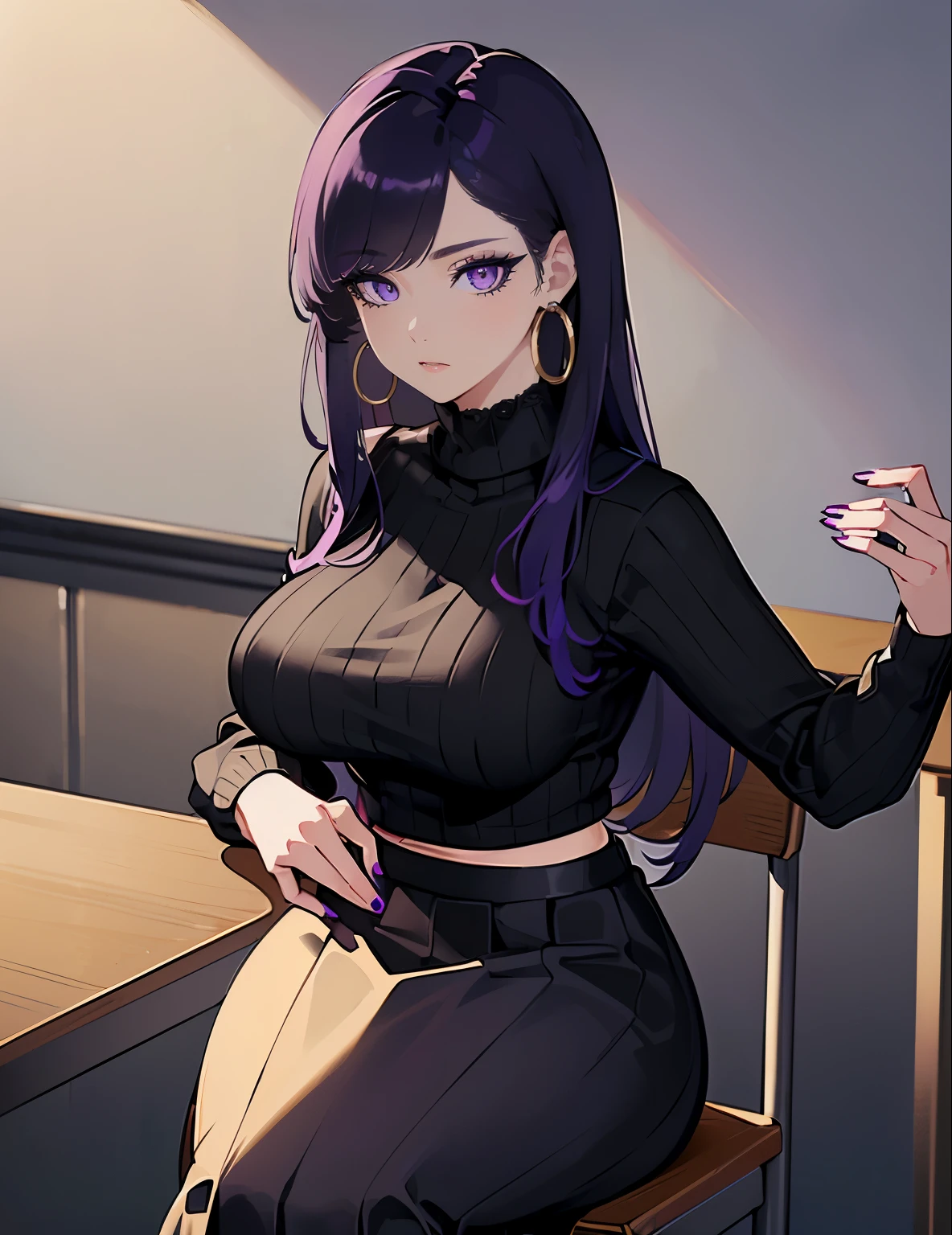 (Uhd, Masterpiece, Textured Skin, Super Detail, High Details, High Quality, Best Quality), mature pretty woman, ultra-detailed face, detailed lips, full lips, detailed eyes, double eyelid, wide hips, thick thighs, smooth skin, (big breasts:1.4), ((purple hair)), ((purple eyes)), ((thicc body)), tall, Ribbed Sweater with a cropped black skirt, ((((Ribbed Sweater)))) + ((((black cropped long skirt)))) + ((((Gal look + Gal Style + Gold Hoop Earrings)))) + Painted nails, (Classroom background, sitting on a chair inside a classroom), ((Background: Classroom))