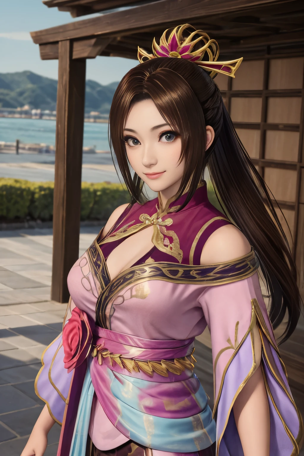 Diaochan from Sangoku Musou 8,masterpiece、1 cute girl、 high school stud eyes、puffy eyes、bright outdoors,Bright downtown、highest quality, 超High resolution, (reality: 1.4), movie lighting、Japanese、asian beauty、Korean、super beautiful、beautiful skin、body facing forward、whole body,Upper body、(超reality的な)、(High resolution)、(8K)、(very detailed)、(美しくfine eyes)、(Super detailed)、 (wall-)、detailed face、bright lighting、professional lighting、looking at the viewer、look straight ahead、slanted bangs、brown hair、Nogizaka idol、