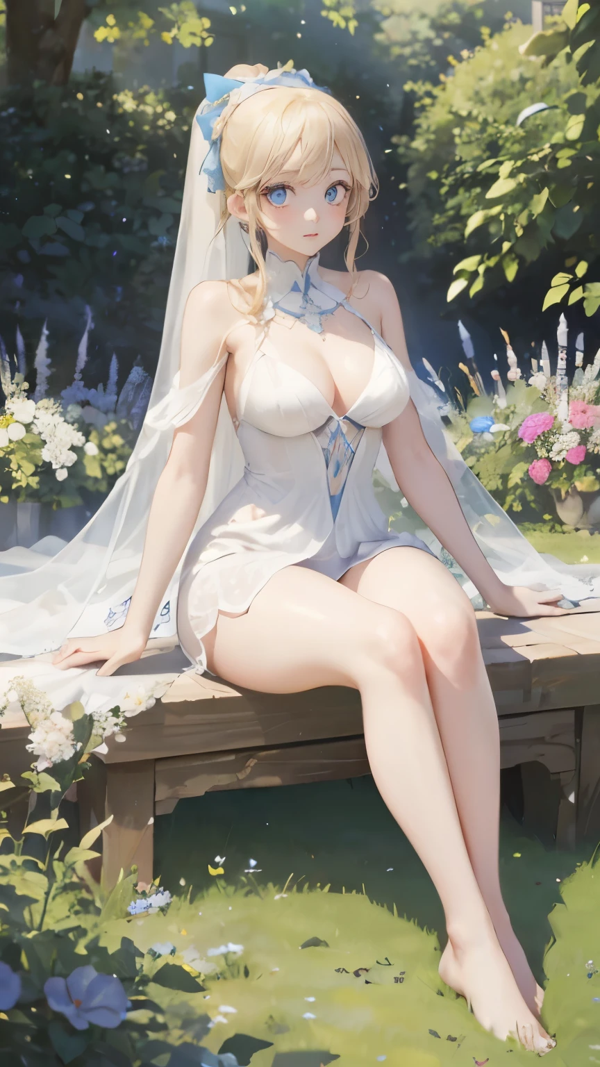 (masterpiece:1.2), (highest quality:1.2),, Curvy but slender body, perfect eyes, perfect face, perfect lighting, 1 girl, in the garden, (M-shaped legs),(I can see your feet),(sexy),(shorts),(Wedding dress),(ponytail),curly hair, fine clothes, detailed outdoor background, compensate, eye shadow, thick eyelashes, fantasy, looking at the viewer, whole body,alice in wonderland、blue sky、Bright and very beautiful face、young shiny glossy white shiny skin、the best beauty、the most beautiful bright blonde hair in the world、thin hair、long hair、Shining beautiful bangs、Glowing crystal clear big blue eyes、Very beautiful and lovely 18 years old, the most beautiful girl in the world、small breasts