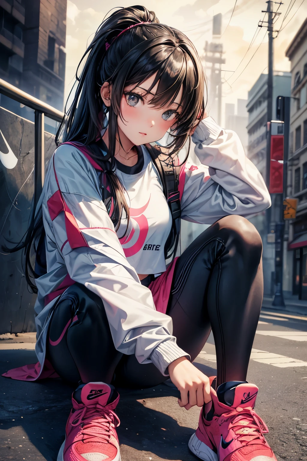 Girl sitting down looking at the viewer, waist up (top-down perspective angle view), (masterpiece), best quality, expressive eyes, perfect face, sharp focus, wearing colorful street wear, legging & Nike high sneakers