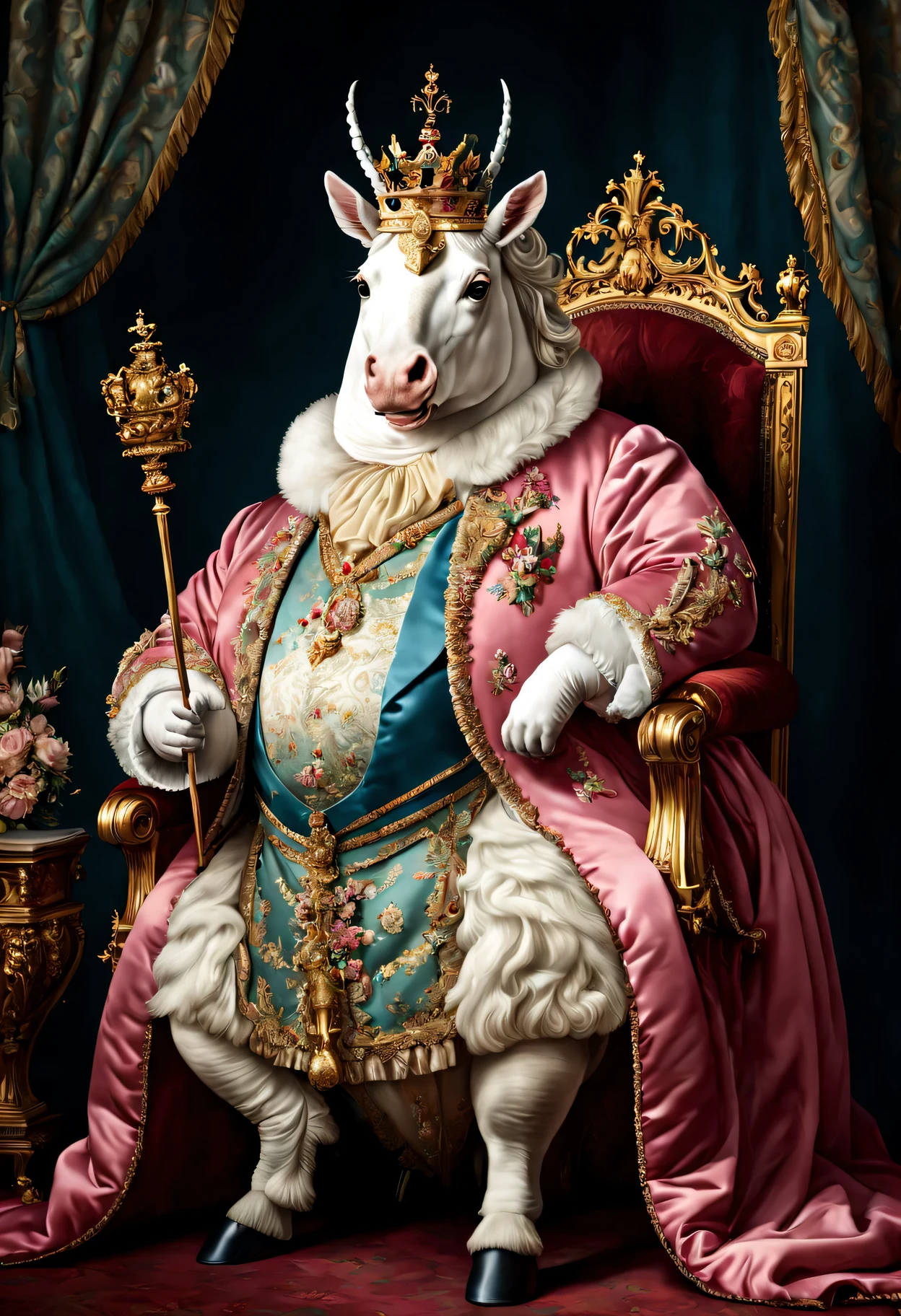 photorealistic portrait of Dressed animals - a ((fat)) unicorn king, (full body image:1.5), Wearing luxury sack-back gown,(wearing luxury crown),holding scepter, Old-fashioned luxury clothes, detailed and opulent description of a king's aristocratic sack-back gown in Rococo style, sitting on the throne, emphasizing luxurious fabrics, intricate embroidery, and ornate accessories, Rococo style background