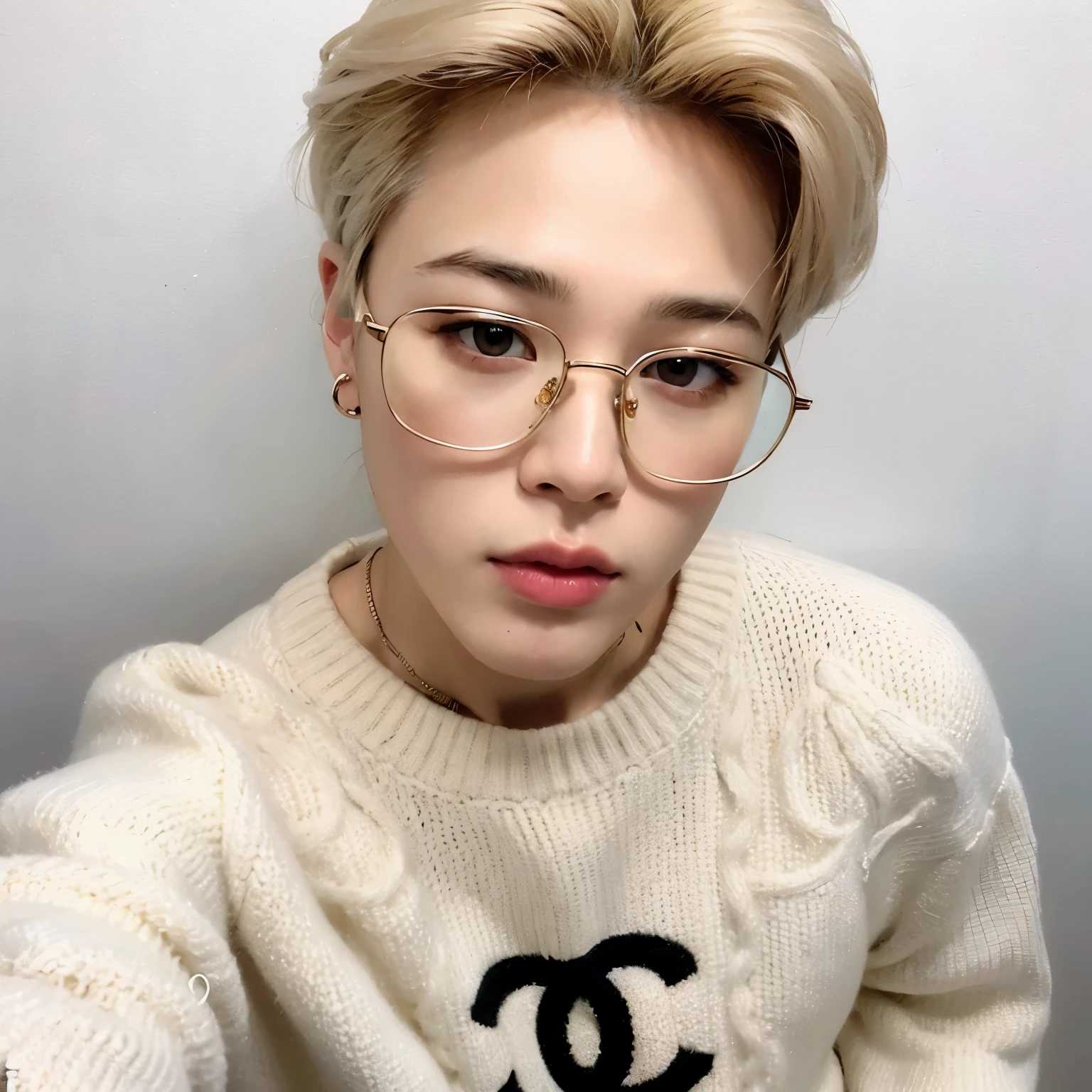 a closeup of a person wearing glasses and a sweater, park Jimin, Jimin\los labios carnosos, pintar ulzzang, Jimin, Jimin\la nariz griega, accurate Jimin face, hyung tae, Jimin\his right eyelid is swollen, yanjun chengt, hong junio hyung, inspirado en Russell Dongjun Lu, Kpop idol portrait, TaeJune Kim
