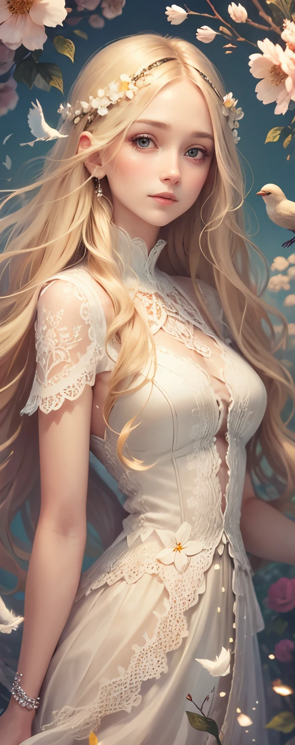 a beautiful young woman, long blonde hair, pale soft skin,lace dress, soft colors, background with birds and flowers, intricate details,