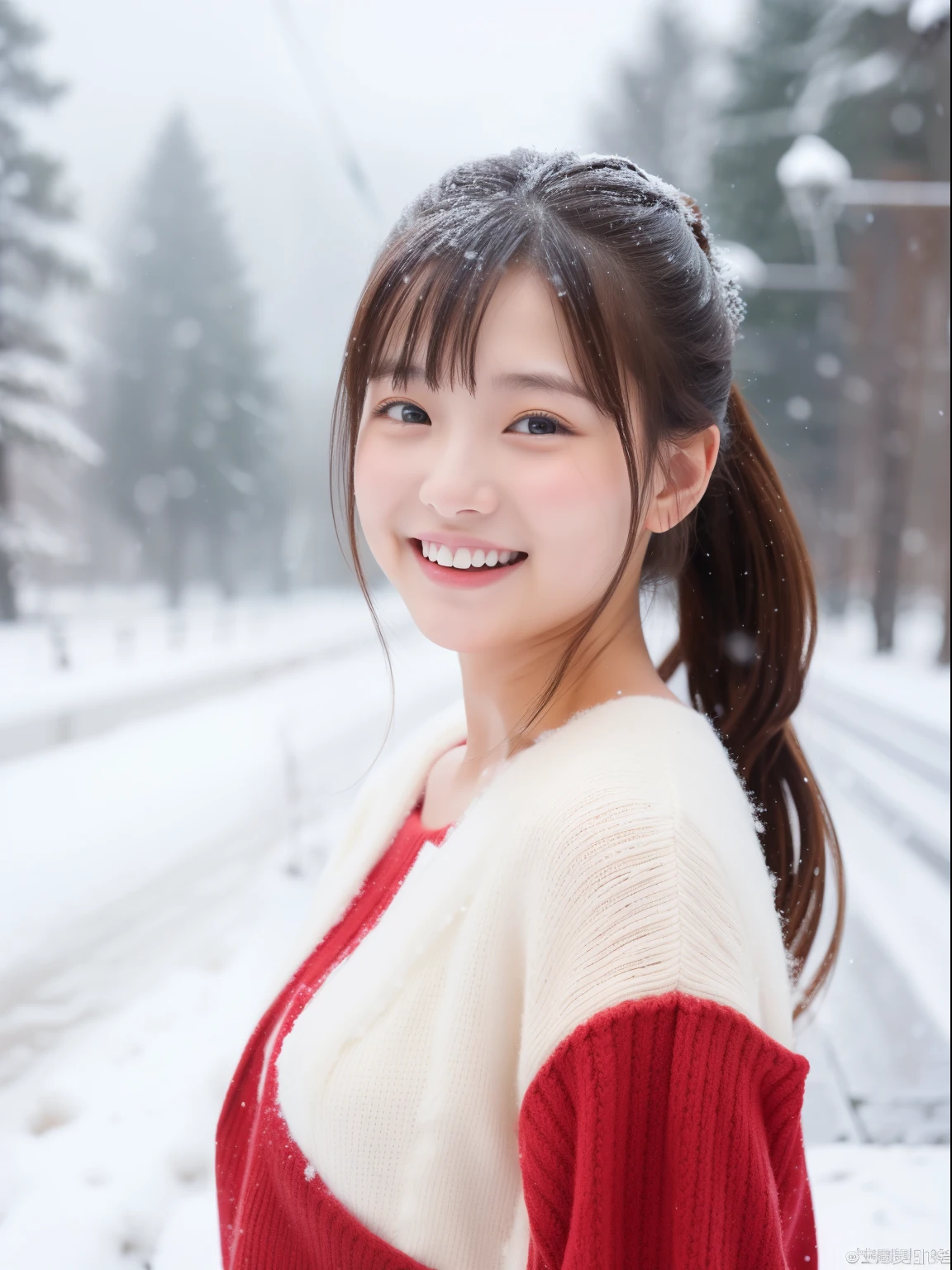 28 years old, A beautyful girl, Full body photo, The chest is small, By bangs、NSFW、barechested、A smile、snow landscape、pony tails、There was snow outside the window