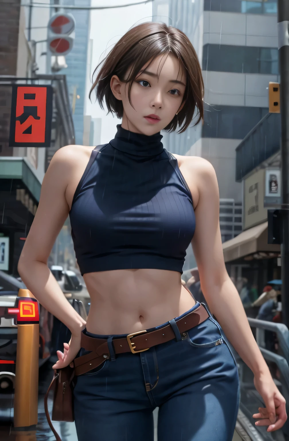 kugisaki,nobara, Best quality,(JUJUTSU KAISEN), 1girll,physically-based renderingt ,超高分辨率,(Cowboy shot:1.5),Narrow waist, Skinny, LeonaMS , Big blue eyes,Long legs,Jeans,Leather belt,Big breasts,Puffy eyes, Leather belt,(rainy city), Shiny skin, facingviewer, excited to fight