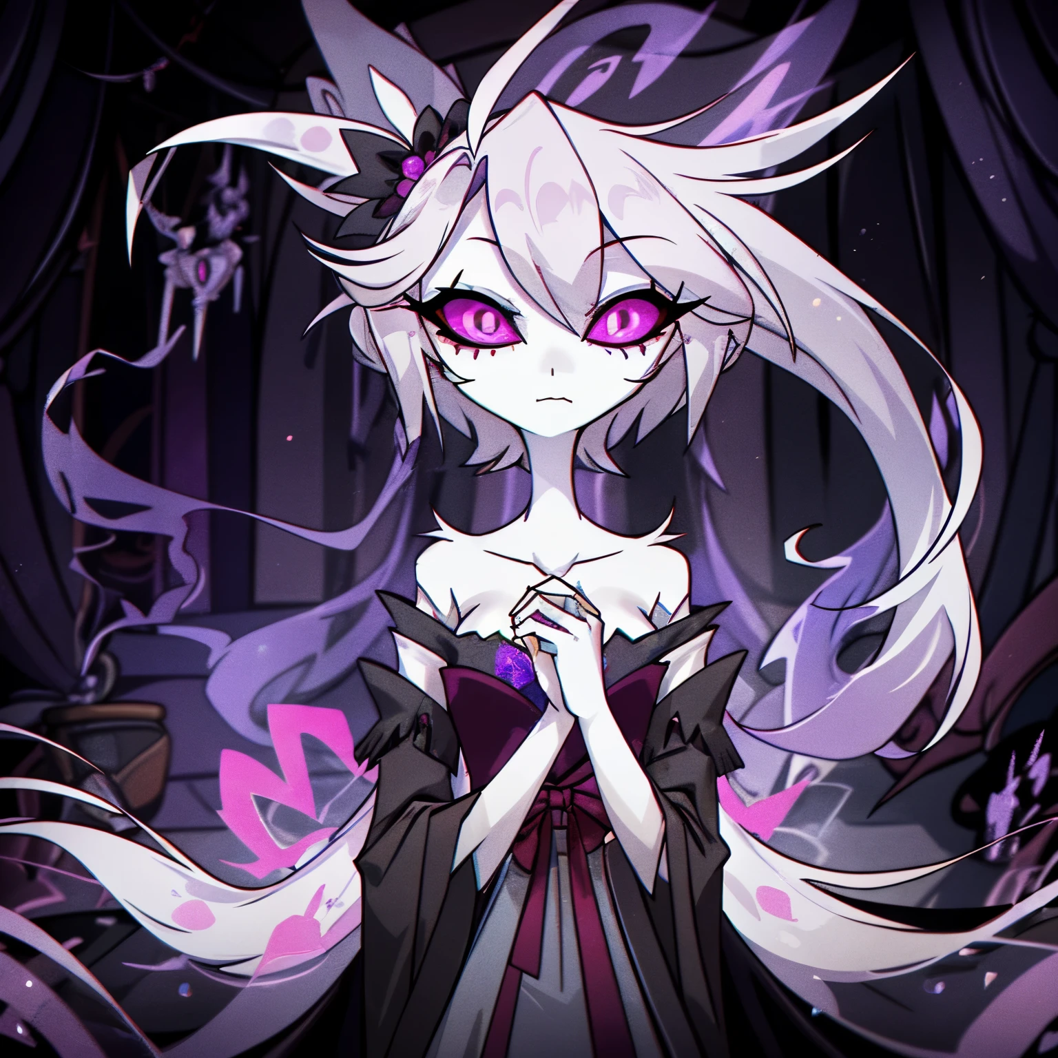 In the vivid realm of Hazbin Hotel, a hauntingly beautiful feminine ghost demon materializes, her translucent form exuding an ethereal aura. Her delicate features and shimmering, ghostly eyes reflect the depths of her sorrowful existence. Draped in a tattered and floating gown, she leaves a trail of mist in her wake, carrying the weight of forgotten stories and unfulfilled desires. With an enigmatic and melancholic presence, she adds an eerie and captivating element to the vibrant world of Hazbin Hotel, embodying the mysteries that lie beyond the realm of the living. ((Solo)), ((1character))