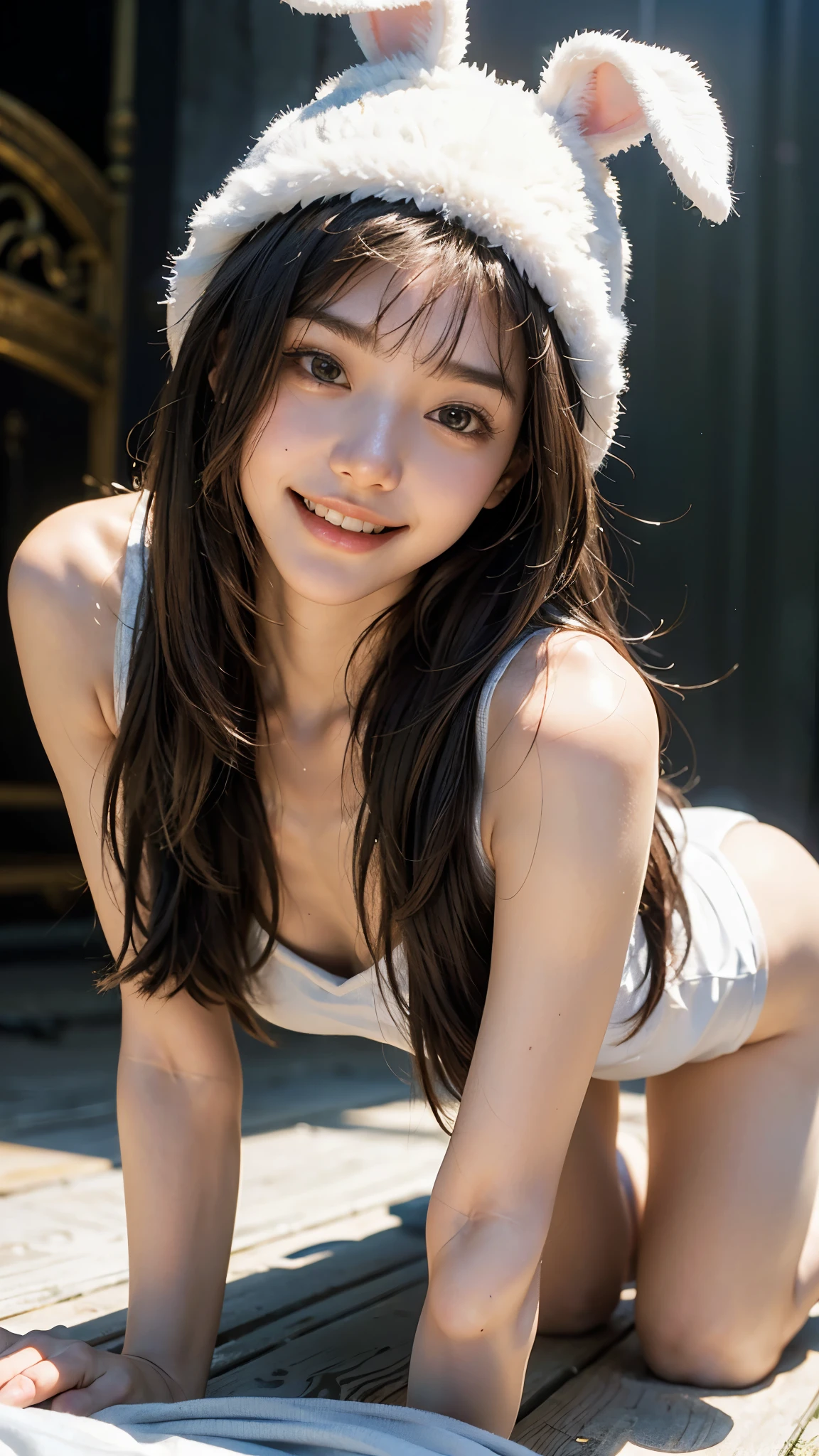 highest quality, masterpiece, ultra high resolution, (realistic:1.4), (close portrait) RAW photo, 1 girl, 22 years ago,wink,((crawl on all fours))slender body,Medium chest,((white rabbit costume)),((white bunny ears hat))、((long hair with straight bangs)),((looking up at the audience)), realistic pictures,((toothy smile)),
