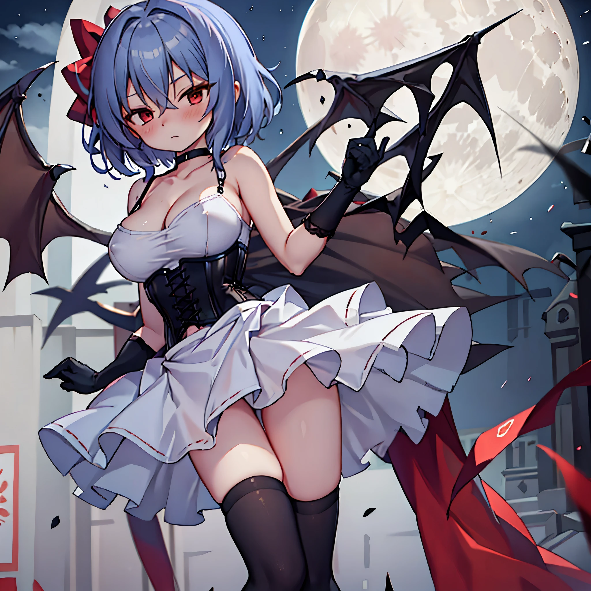 (Remilia toho character), (solo:1.2), (standing on the deck of mansion:1.1), a full moon, midnight, BREAK, short hair, collarbone, (emphasize very perky large breasts:1.1), (emphasize cleavage:1.2), (inconceivably thin waist:1.3), (very short thin torso:1.2), very long (thin legs), emphasize thigh gap, BREAK, (short sheer white dress), shoulder straps, (brown inconceivably wiry corset cinches waist too tight:1.5), frilled (too short white miniskirt), (light blue thighhighs), BREAK, nose blush