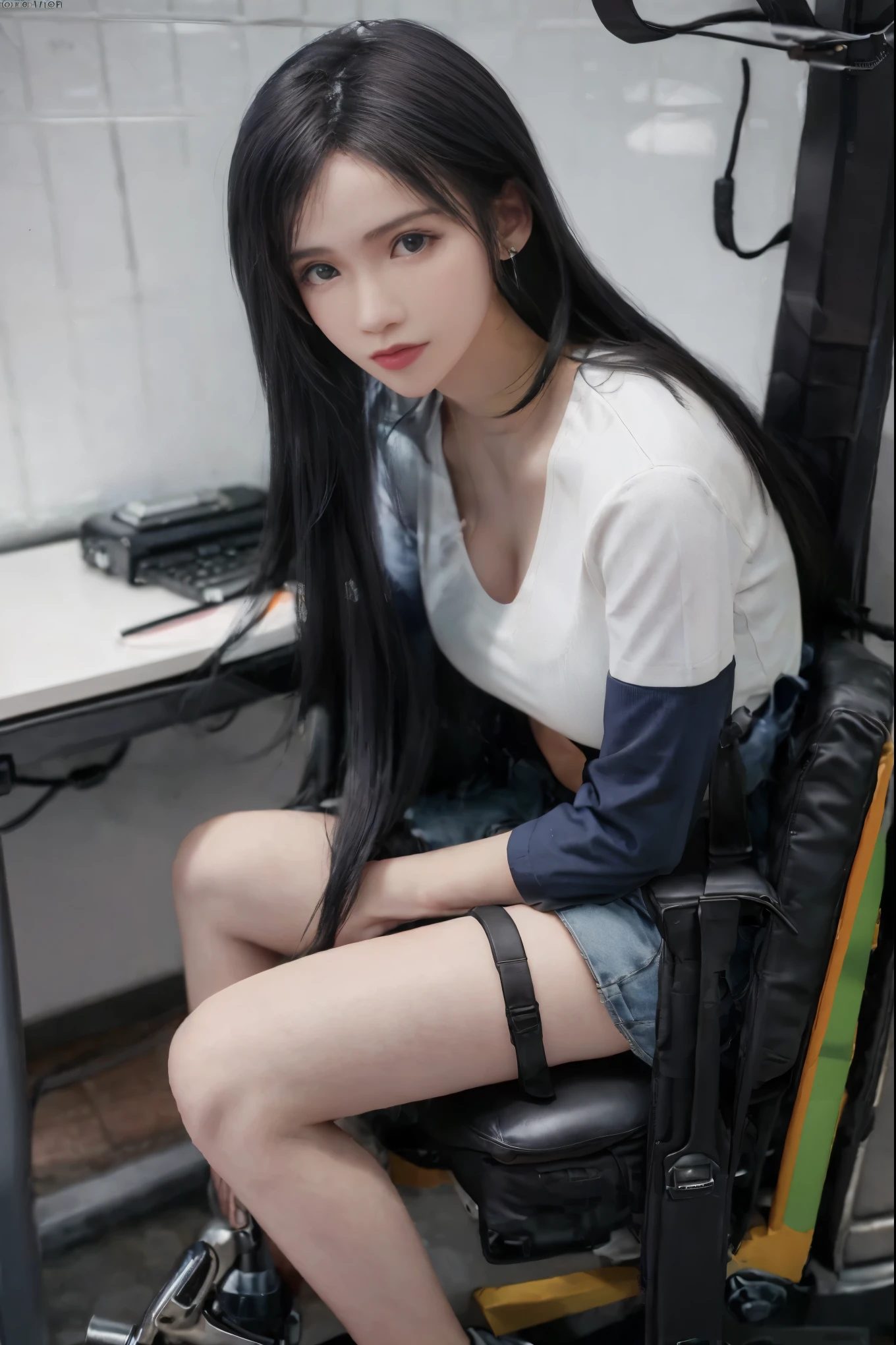 1 girl, (full body shot), (black and light blue long hair), casual white shirt, (cleavage half revealed), sit on chair, wear mini short, 