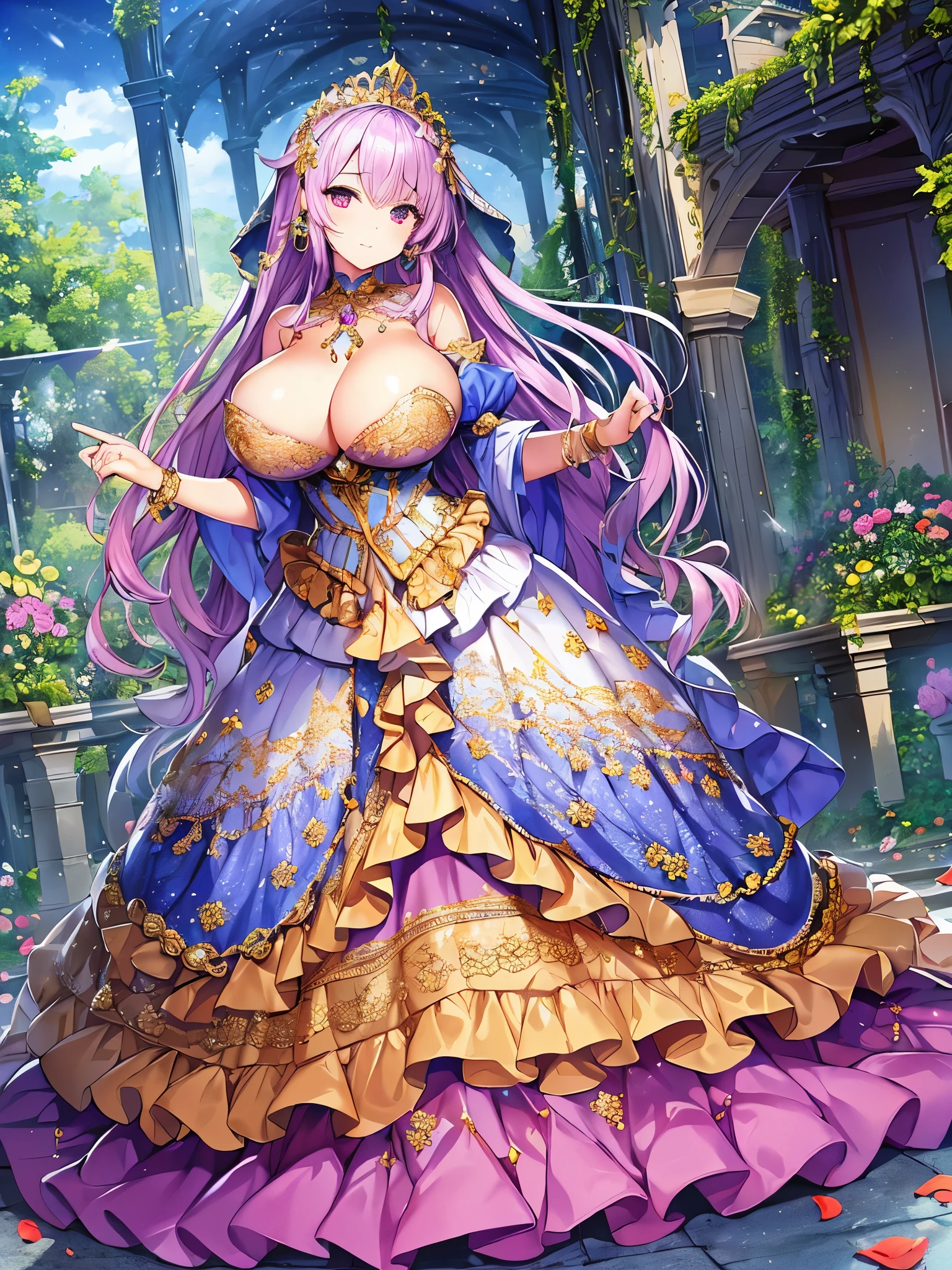 anime artstyle,Masterpiece,Best Quality,Super Detail,((Very Delicate and Beautiful)),(((1 princess in beautiful embroidery and jeweled gorgeous rococo ballgown with voluminous hoop skirt))),((Solo)),((winter garden with snow,sonw,sky)),((outdoor)),(((full body))),(very gigantic tits:1.5),((cleavage,gigantic tits,cleavage,sagging tits)),skindentation,((detailed face and eyes)),jewel-like eyes,((extremely voluminous straight Hair,Extremely Long Straight Hair)),((gorgeousfull embroidery and lace,beautiful embroidery and jeweled)),Gorgeous Gemstone Jewelry,gorgeous corsage,((gorgeous hair ornament,glitter jeweled gorgeous big tiara)),((full body)),((beautiful embroidery and jeweled gorgeous rococo ballgown with voluminous hoop skirt)),(crinoline),((winter garden with snow,sonw,snowflake,outdoor,sky)),Looking at viewer,dynamic angle,(beautiful embroidery and jeweled gorgeous rococo ballgown with voluminous hoop skirt:1.5),gorgeous rococo ballgown,(full body)